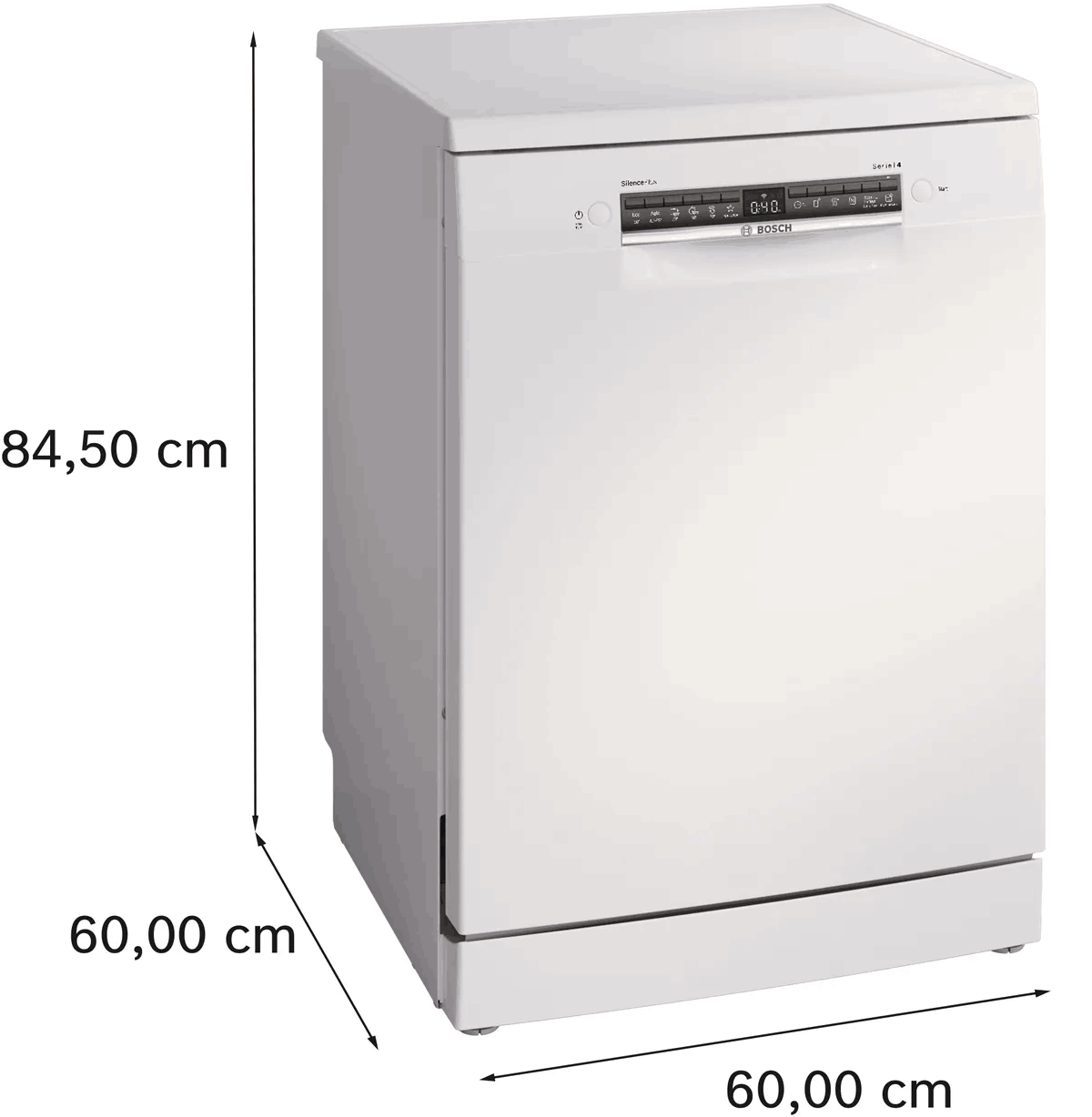 Un lavavajillas Bosch blanco. Dimensiones: 84,50 cm alto, 60,00 cm ancho y profundo. Panel de control superior con pantalla.