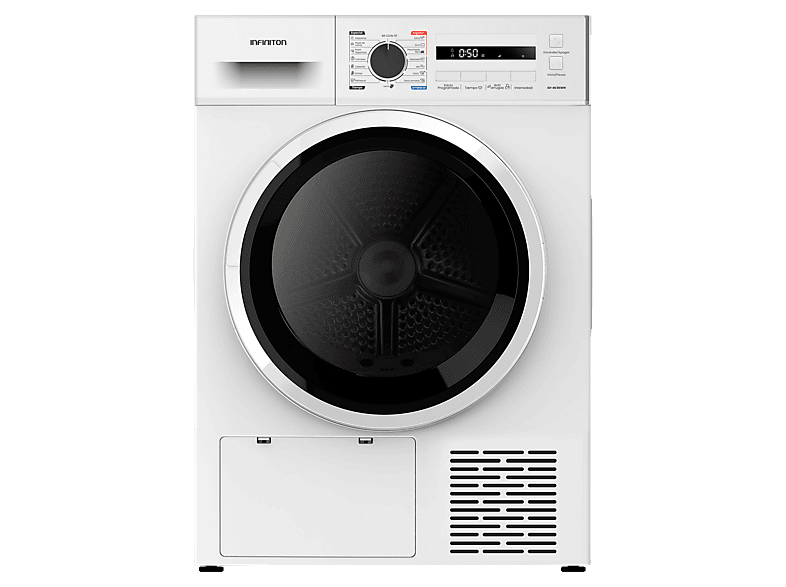 Secadora bomba de calor - Infiniton SD-BC8EWN, 8 kg, 16 programas, Programa ECO, Anti-Arrugas, Blanco