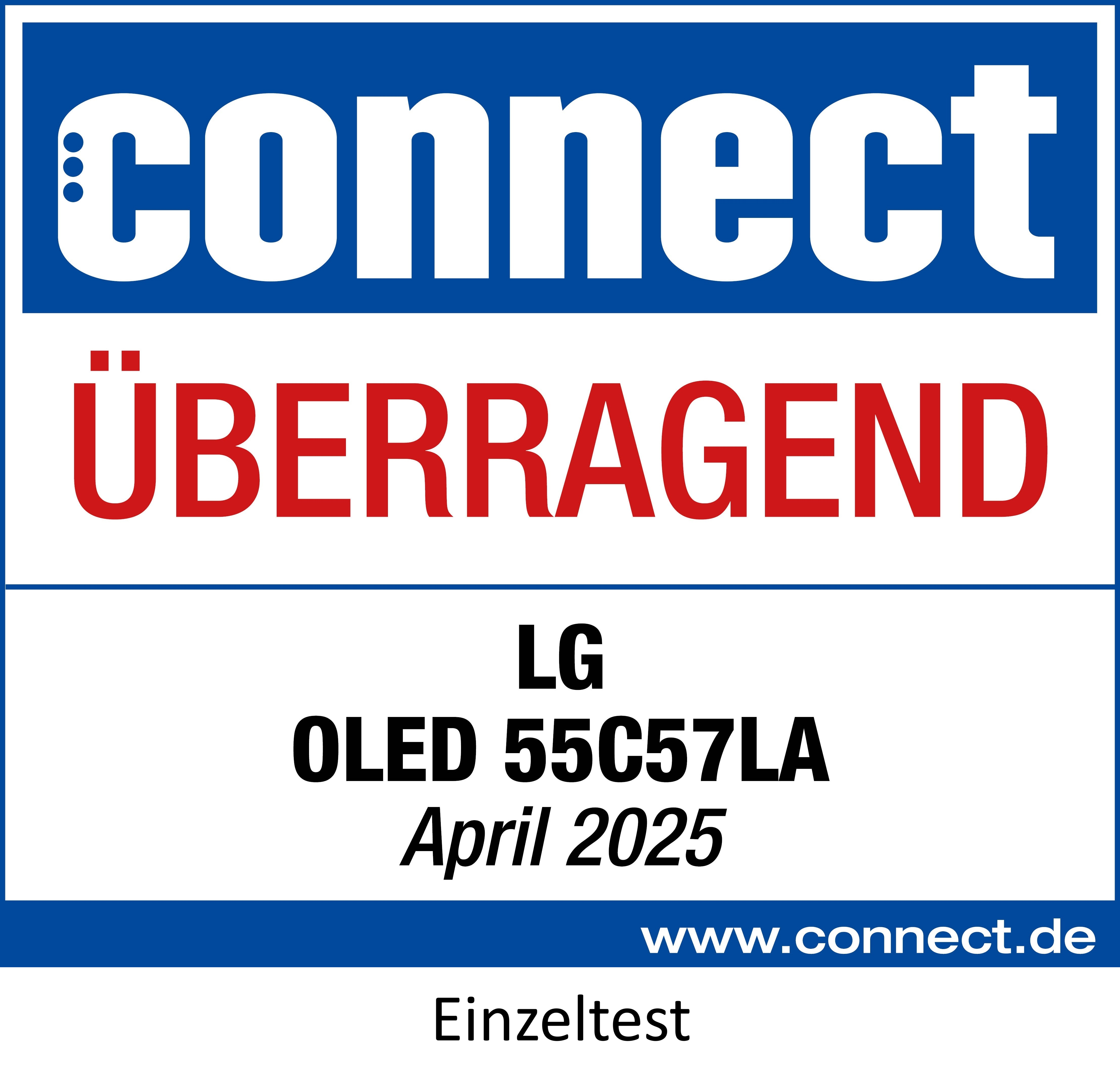 Logo mit 'connect' und 'ÜBERRAGEND'. Darunter 'LG OLED 55C57LA April 2025' und 'www.connect.de'. Es ist ein Einzeltest.