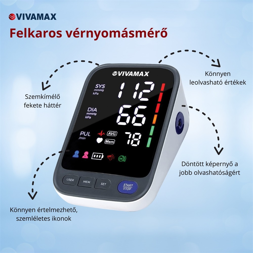 A vérnyomásmérő SYS, DIA és PUL értékeket jelenít meg. Döntött képernyővel, könnyen olvasható értékekkel és felhasználóbarát ikonokkal rendelkezik.