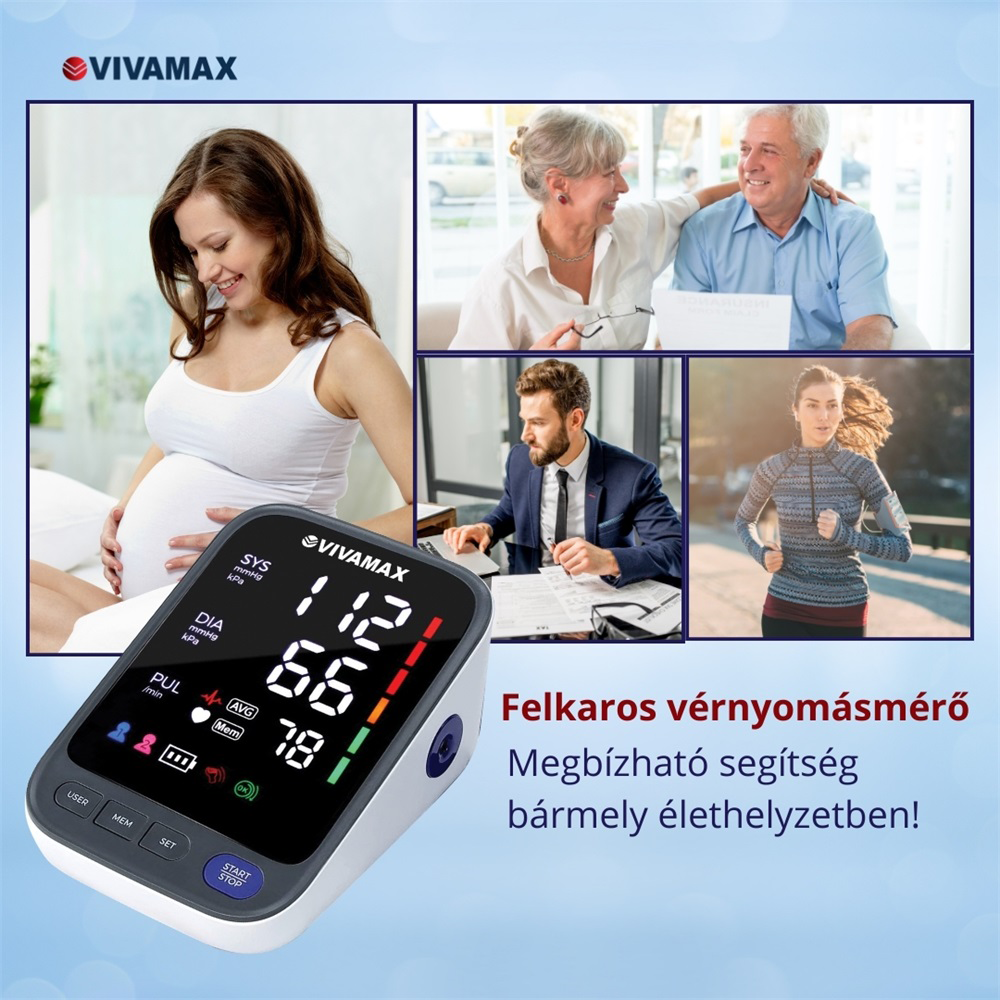 Egy kép egy vérnyomásmérőt mutat több életmód-képpel. Egy terhes nő, egy idős házaspár, egy üzletember és egy futó.