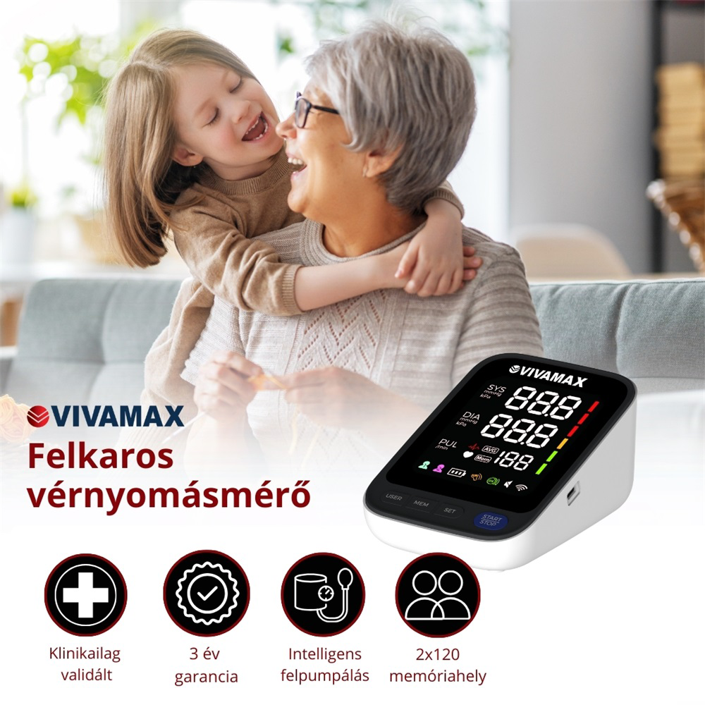 Egy idős nő és egy gyermek öleli egymást. Egy vérnyomásmérő leolvasásokat jelenít meg. A szöveg a funkciókat és a márkanevet mutatja.