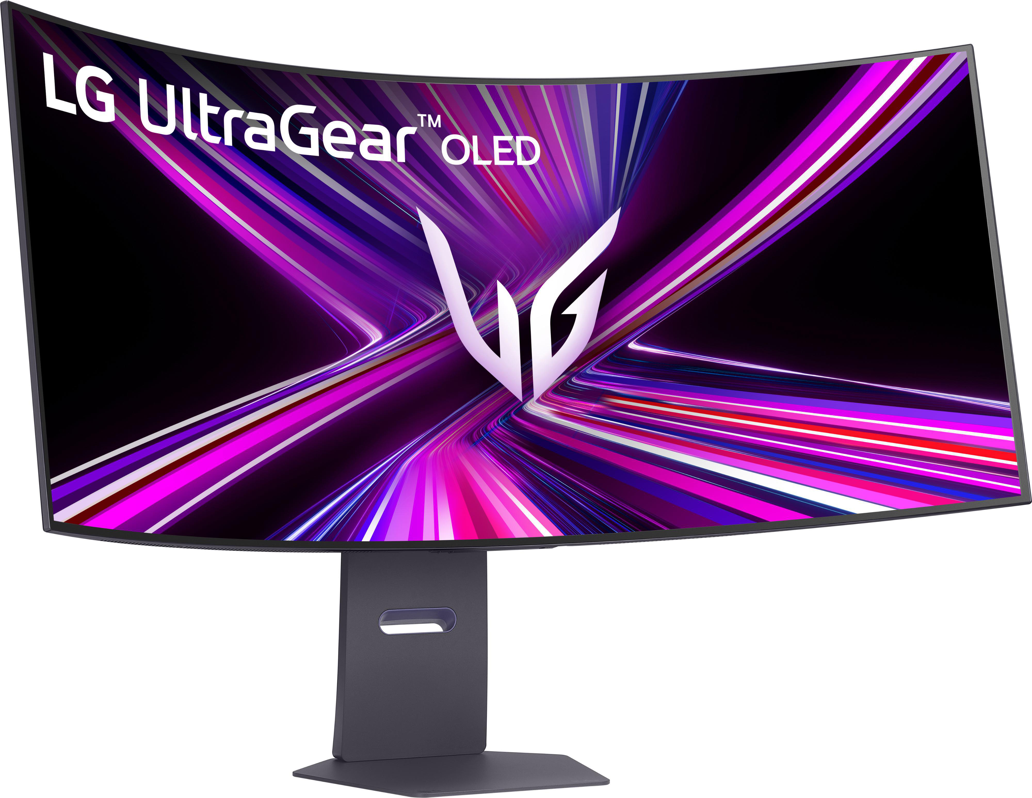 Ein gebogener LG UltraGear OLED-Monitor. Der Bildschirm zeigt ein Design aus lila und rosa Lichtstreifen. Es steht auf einem dunkelgrauen Ständer.