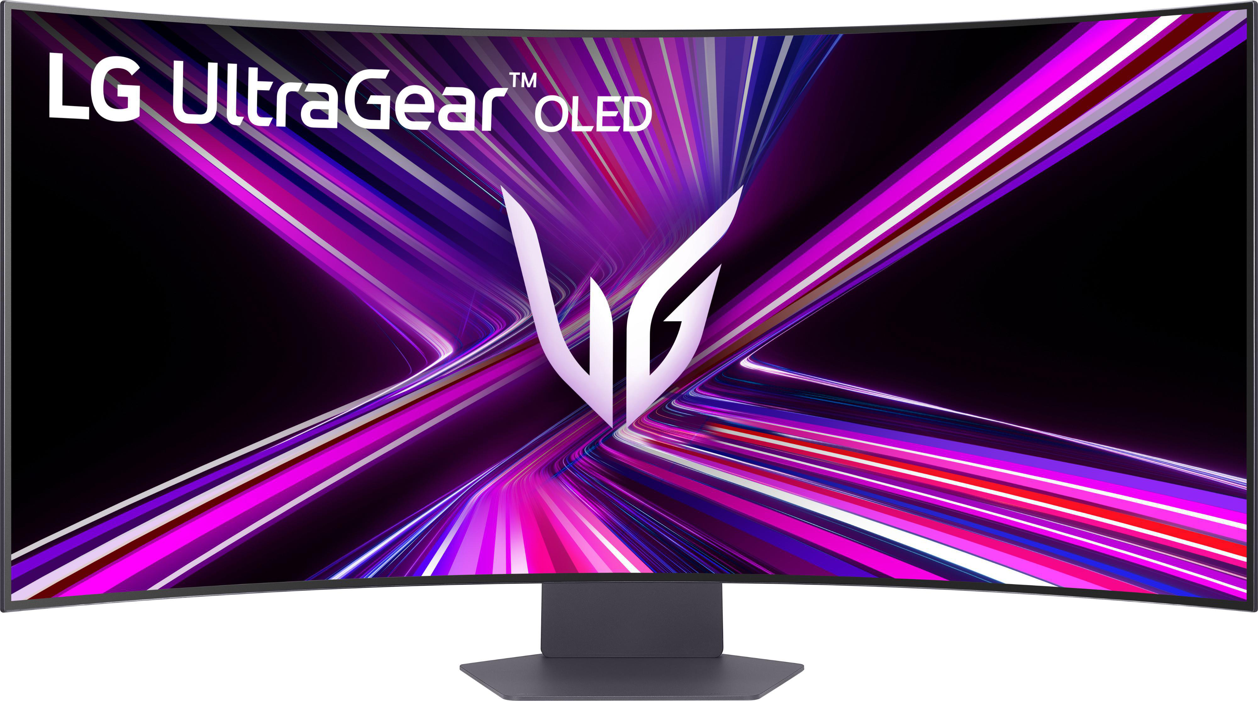 Gebogener LG UltraGear OLED-Monitor. Das Display hat ein violettes und weißes abstraktes Muster. Die Basis ist dunkelgrau.