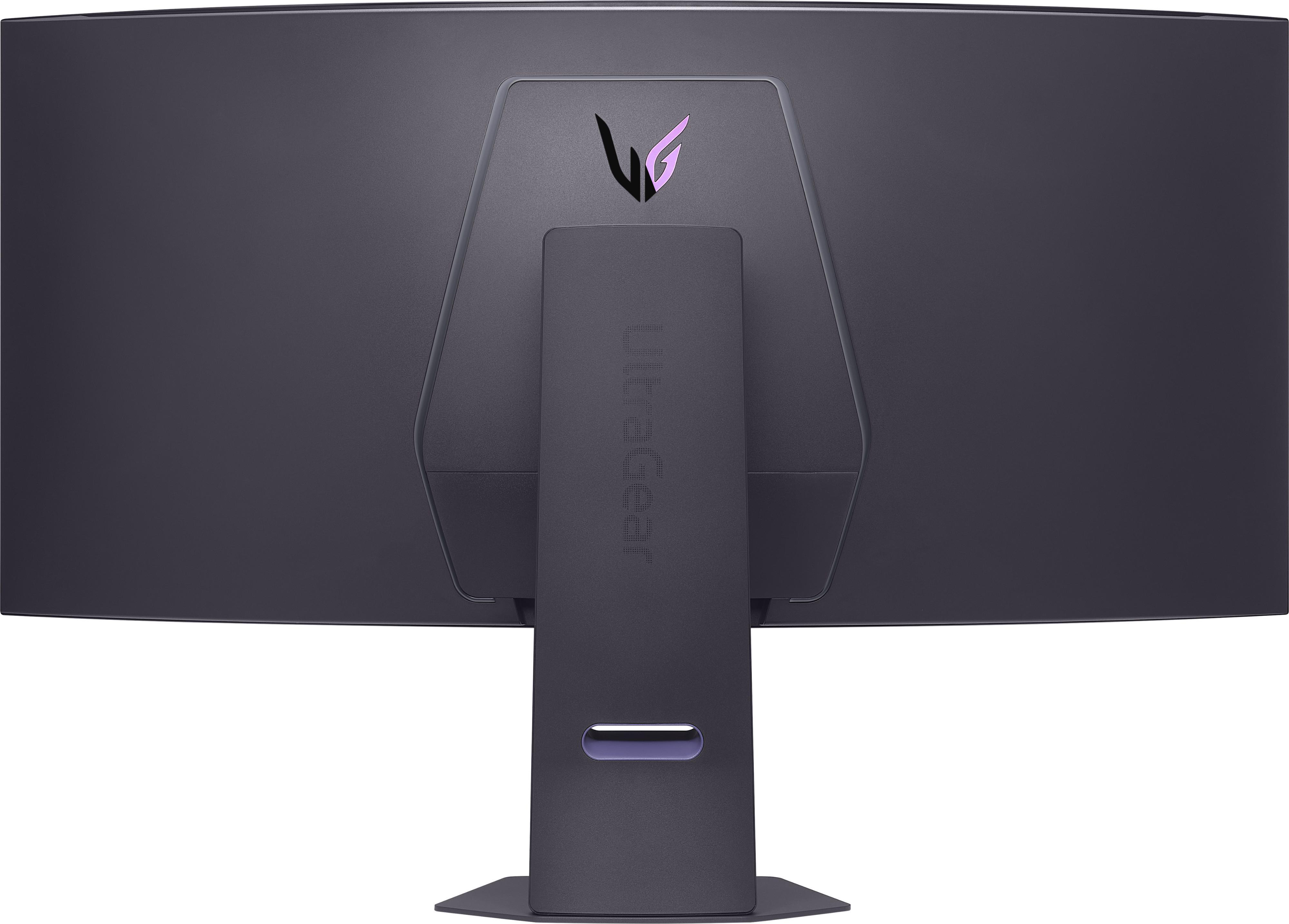 Rückseite eines dunkelgrauen Monitors. Das UltraGear-Logo ist sichtbar, ebenso wie der Ständer und der gebogene Bildschirm.