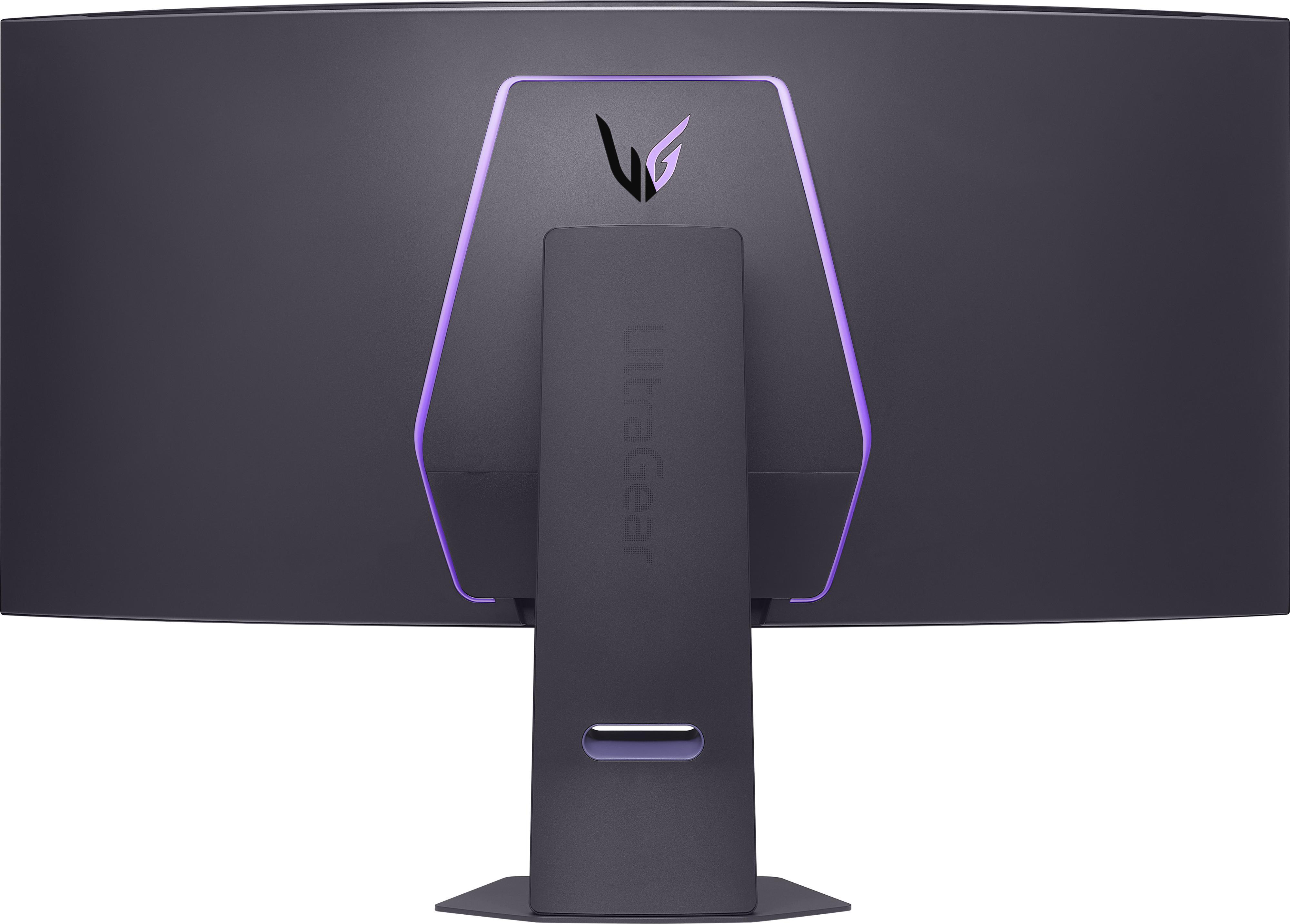 Die Rückseite eines dunkelgrauen, gekrümmten Monitors ist zu sehen. Er hat einen violett leuchtenden Umriss und das UltraGear-Logo.