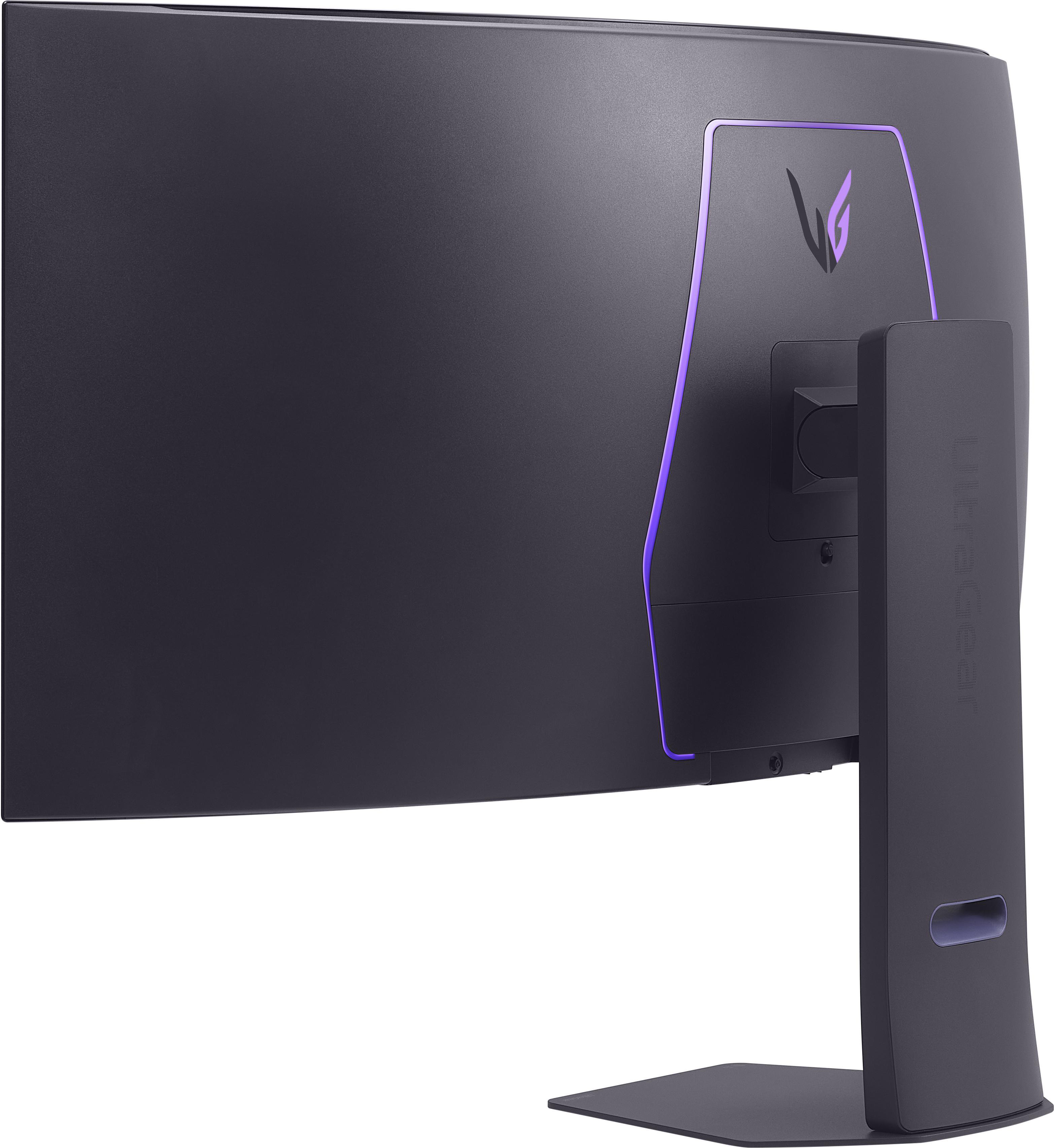 Die Rückseite eines schwarzen Monitors. Er hat einen Ständer, das UltraGear-Logo und ein lila Licht.