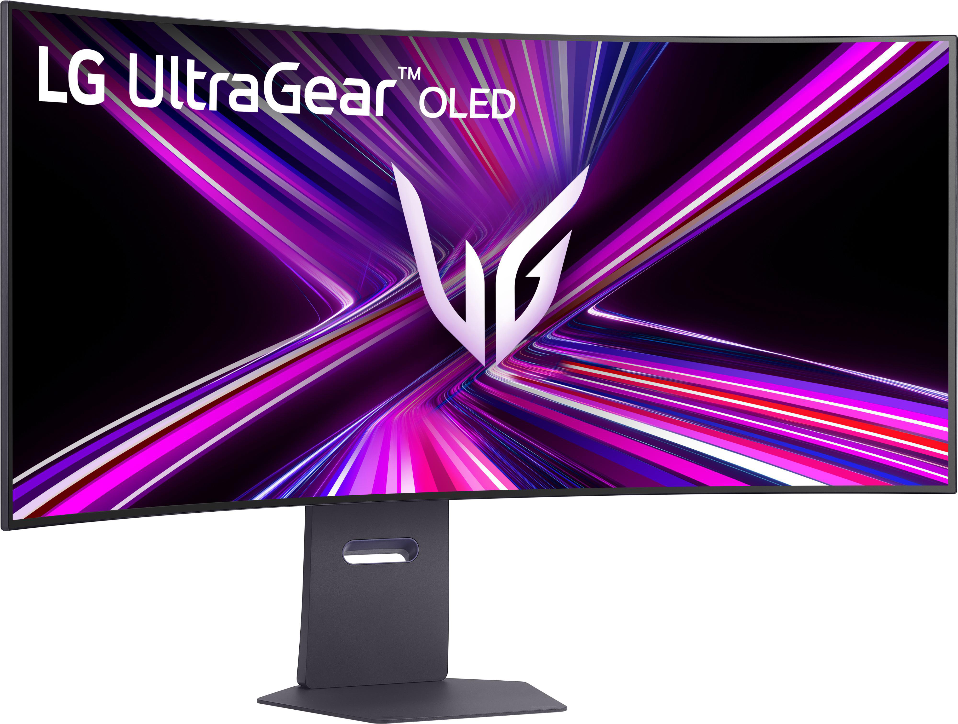Gebogener OLED-Monitor mit LG UltraGear-Logo. Das Display zeigt abstrakte Linien in Lila und Pink. Er hat einen schwarzen Ständer.