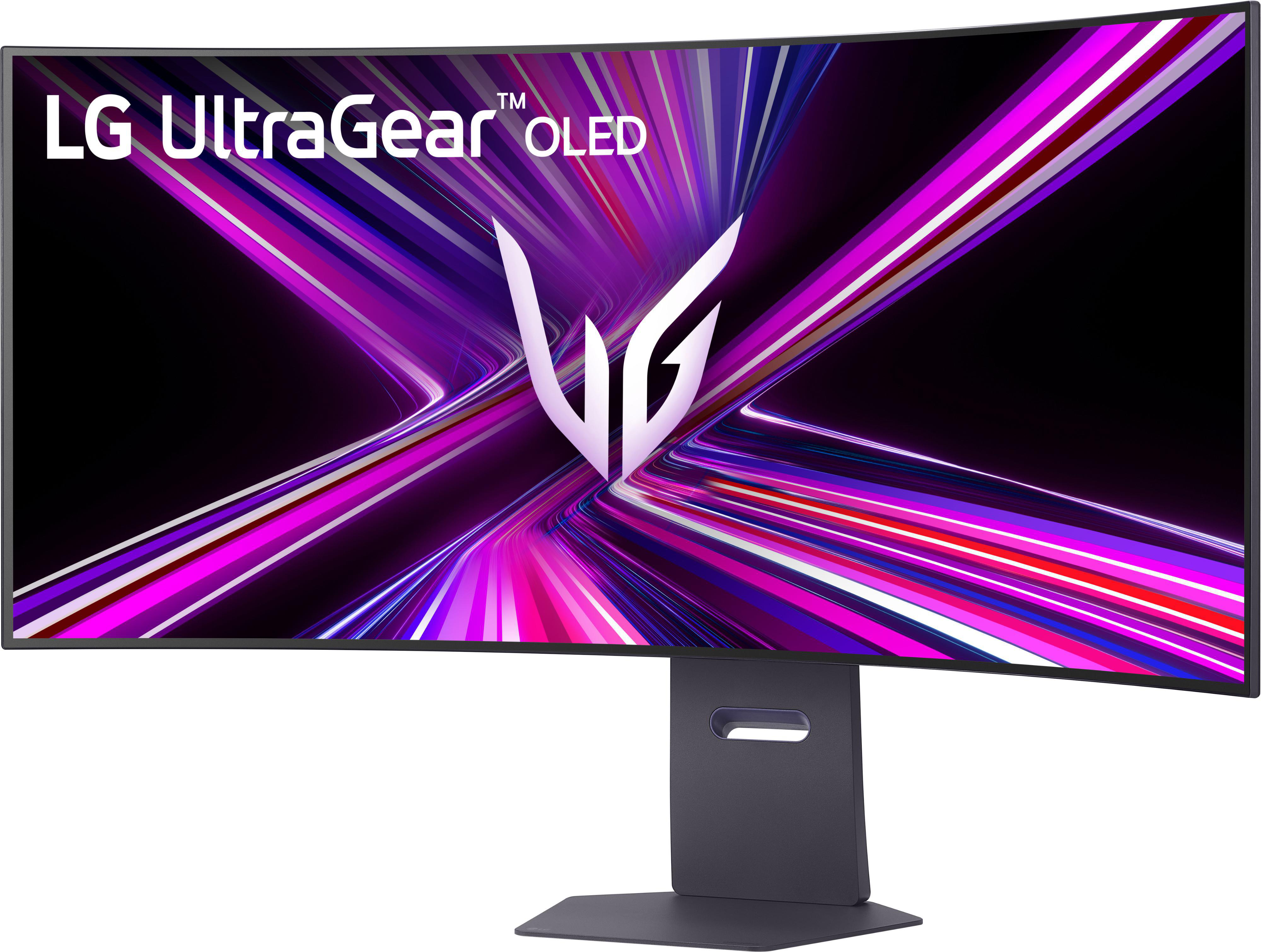 LG UltraGear OLED Curved Monitor. Anzeige mit lila und rosa Lichtmuster, LG-Logo. Schwarzer Ständer.