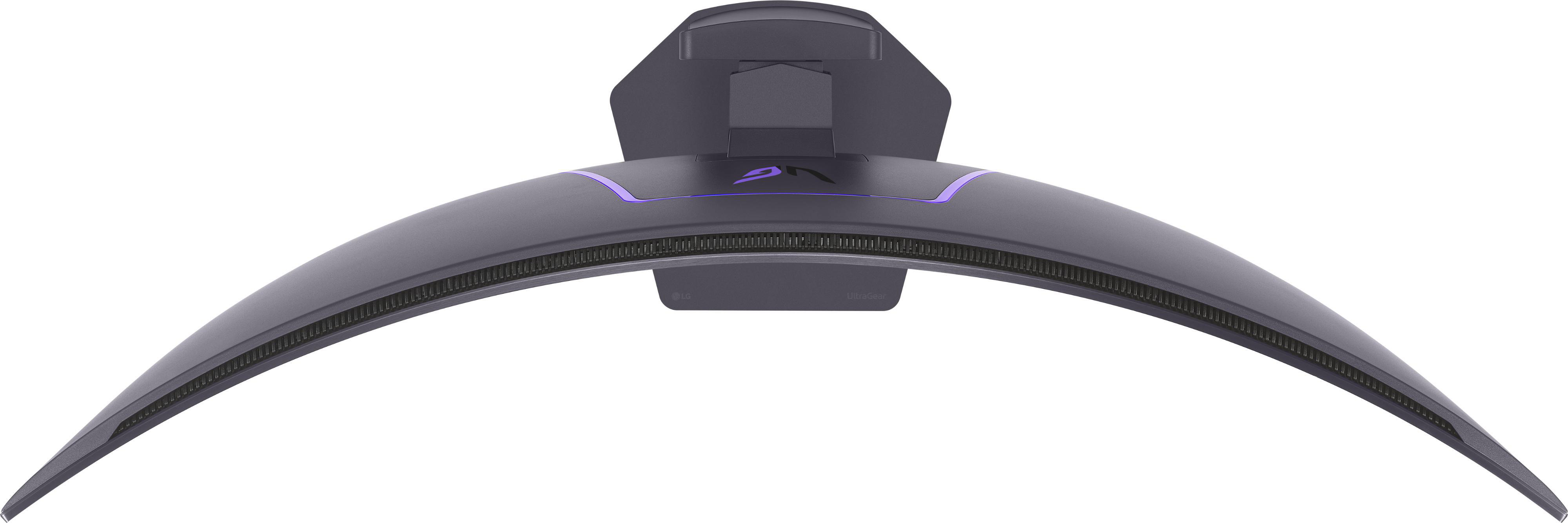Ein gewölbter, dunkelgrauer Computermonitor mit lila Akzenten und einem LG UltraGear-Logo vor weißem Hintergrund.
