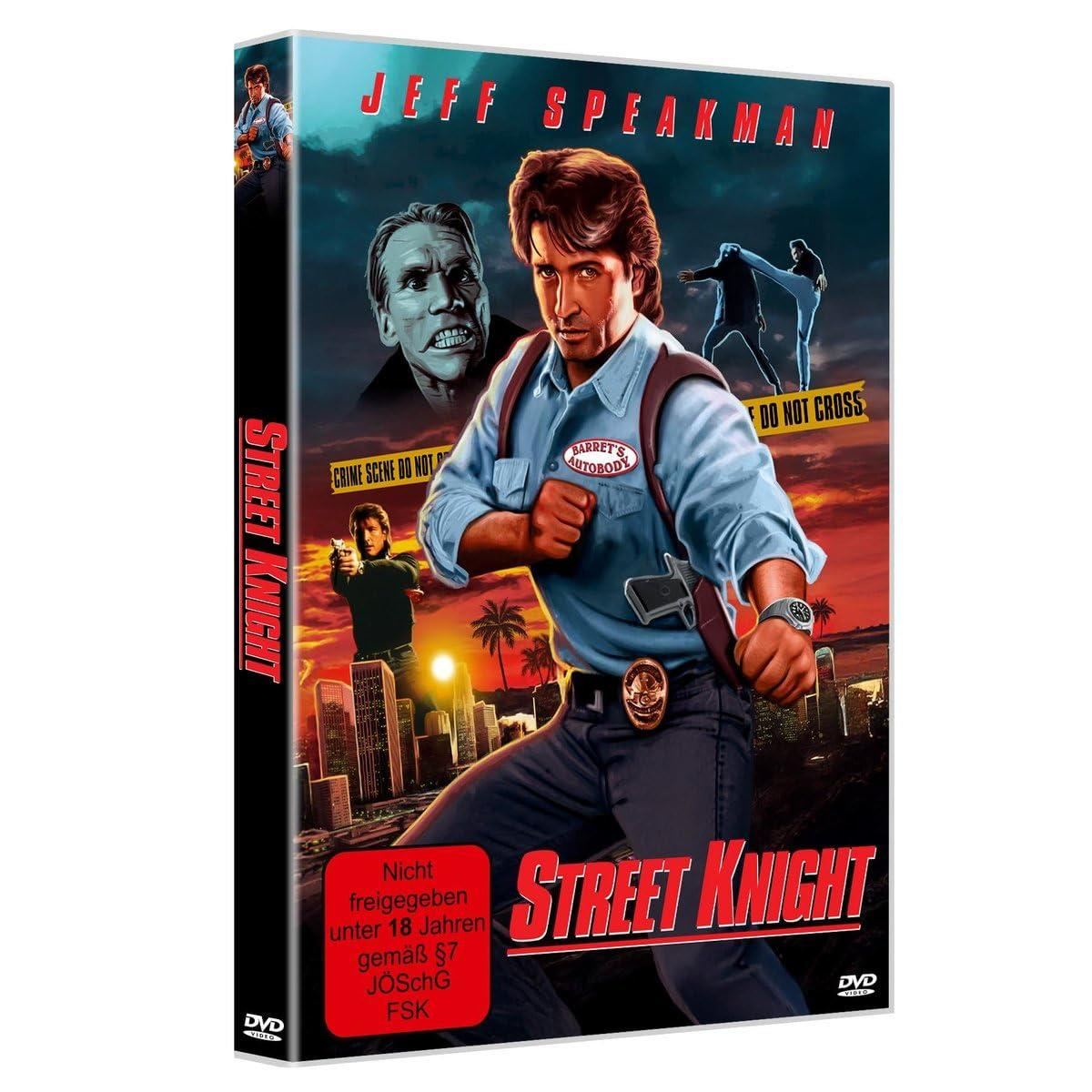 DVD-Cover von Street Knight. Jeff Speakman posiert in der Mitte. Andere Bilder zeigen Action und Text.