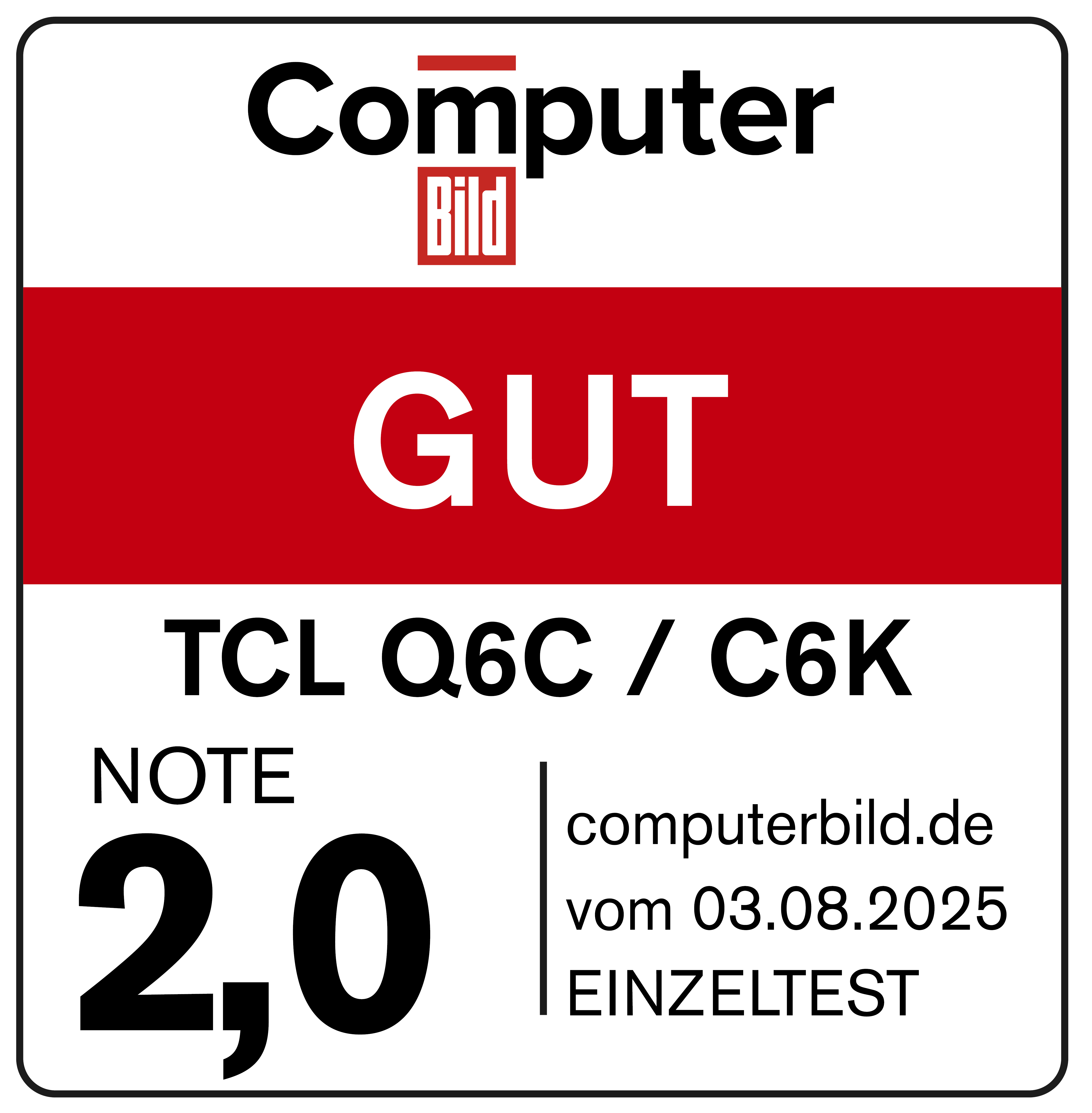 Ein weißes und rotes Quadrat mit den Worten 'Computer Bild' oben, 'GUT' in der Mitte und '2,0' unten.
