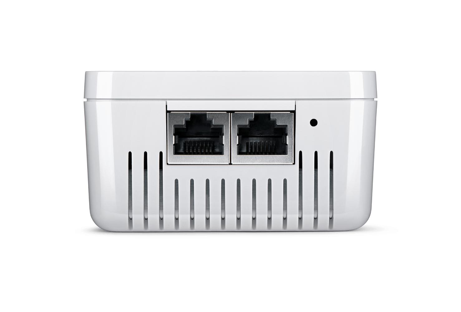 Weißes Netzwerkgerät mit zwei Ethernet-Anschlüssen, einer Reset-Taste und vertikalen Lüftungsschlitzen. Der Hintergrund ist schwarz.