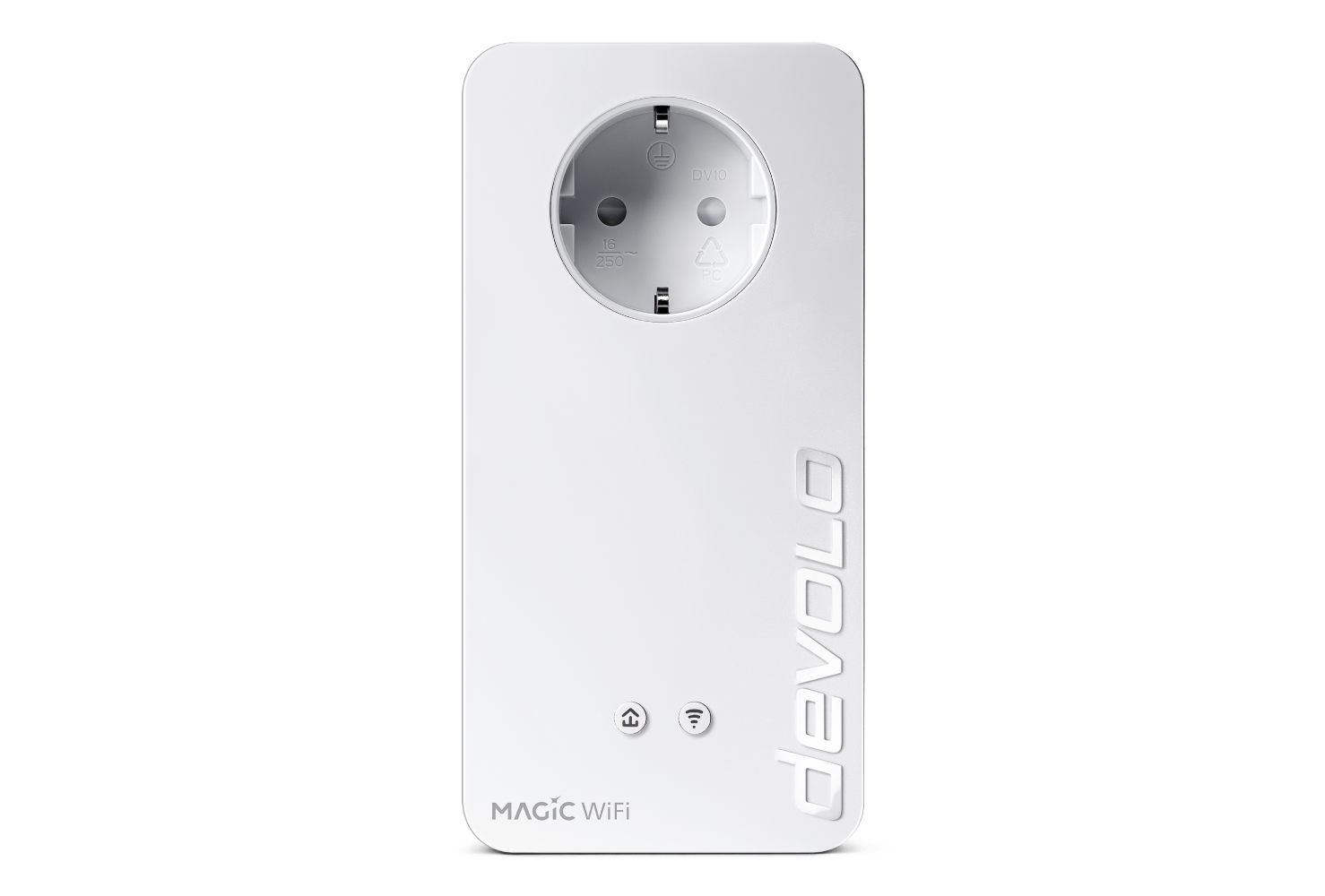 Ein weißer Devolo Magic WiFi-Adapter. Er hat eine Steckdose, zwei Kontrollleuchten und das Markenlogo.