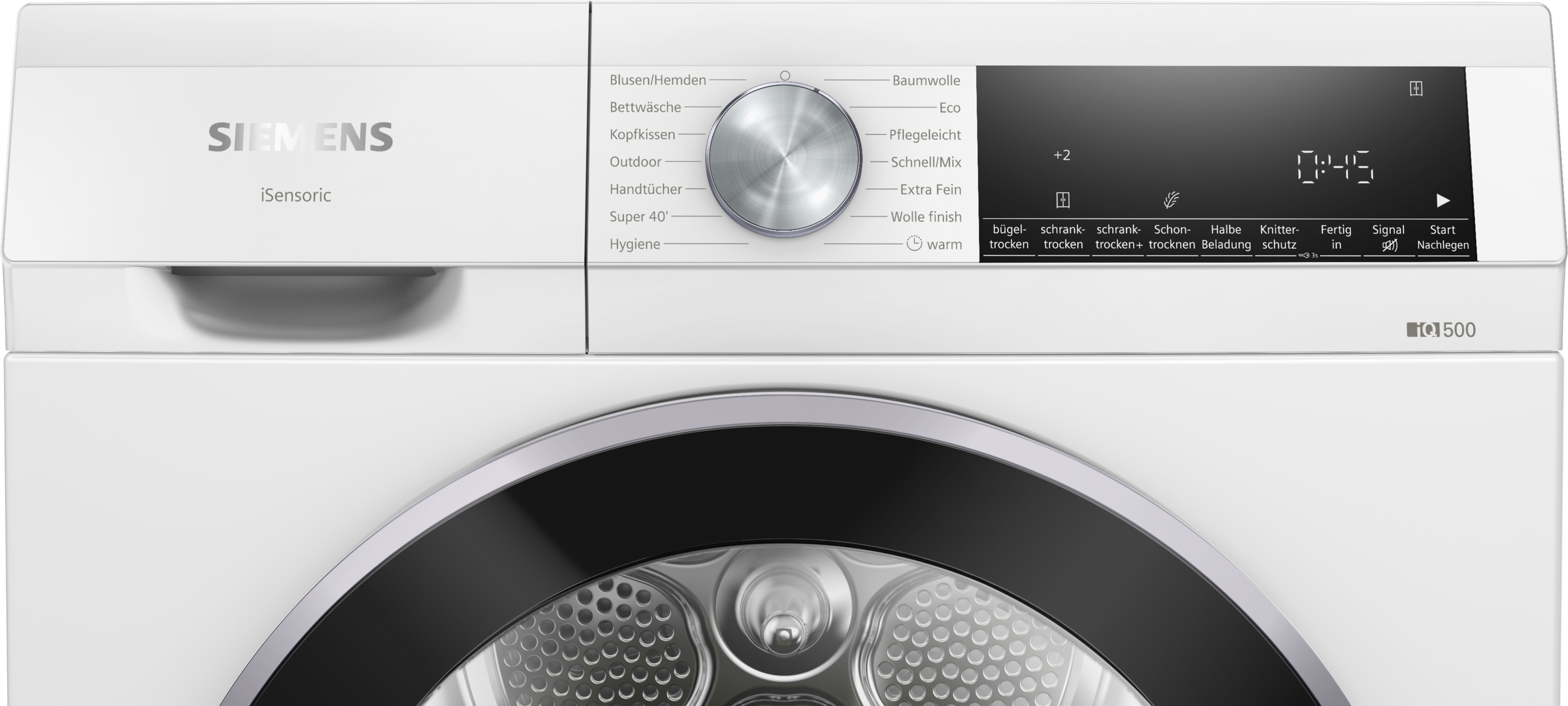 Ein weißer Siemens-Trockner mit Bedienfeld und Einstellrad. Das Display zeigt die Zeit an, und es gibt mehrere Tasten.