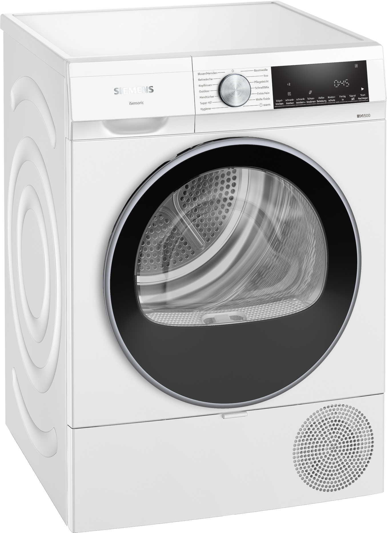 Ein weißer Siemens iQ500 Trockner. Er hat eine schwarze Tür, ein Bedienfeld und ein Digitaldisplay mit 0:45.