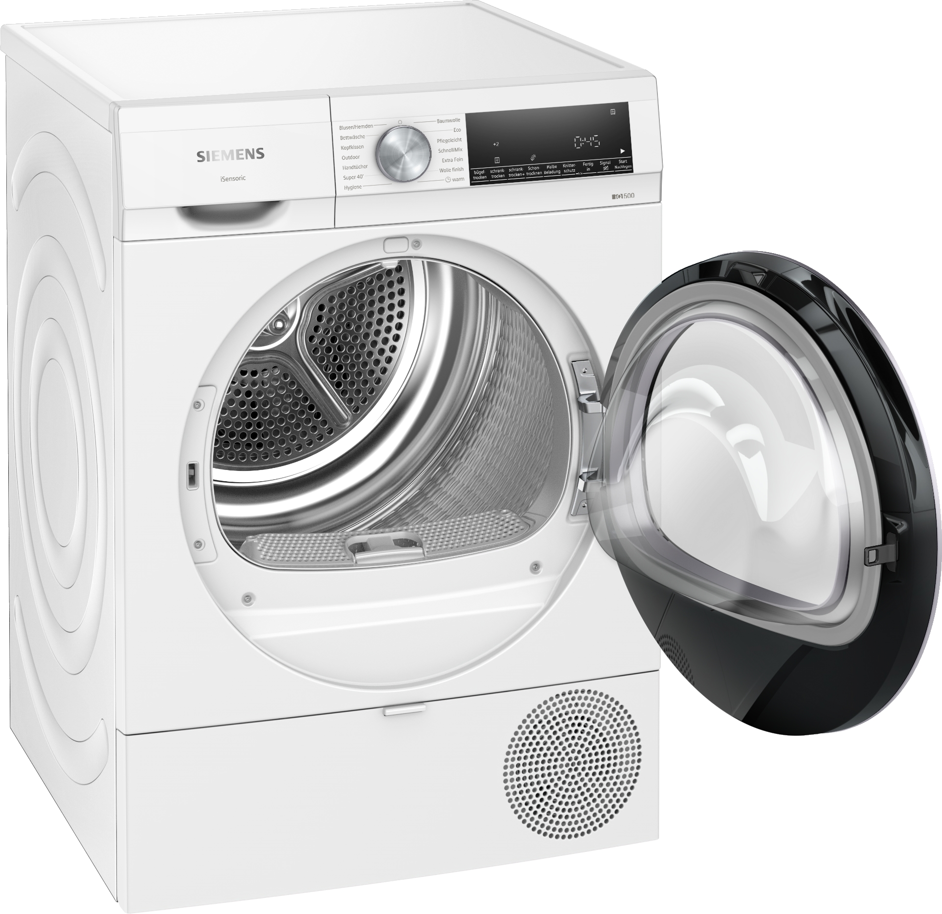 Ein weißer Siemens-Trockner mit geöffneter Tür. Er hat ein Bedienfeld und eine runde Öffnung für die Kleidung.