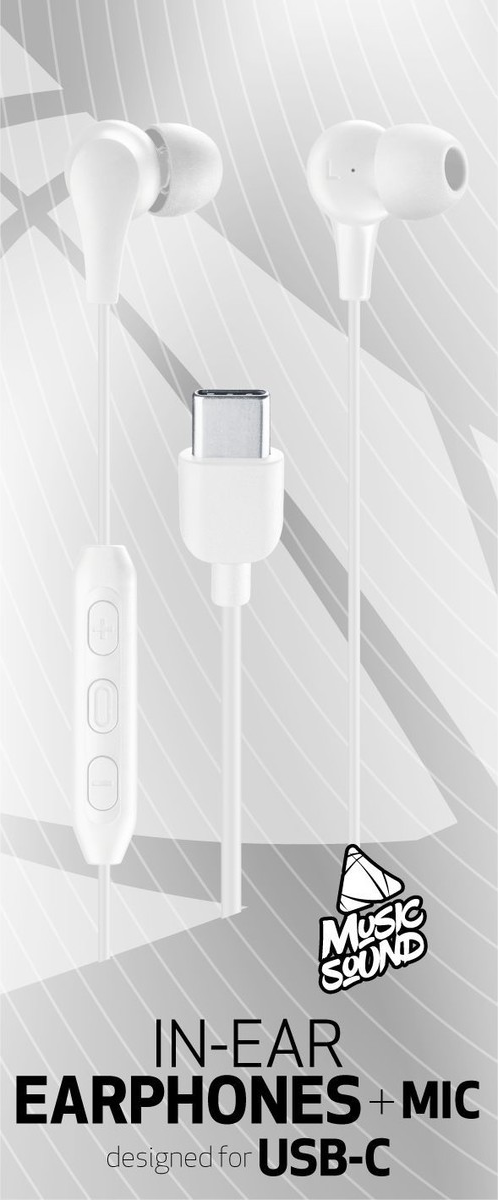 Weiße In-Ear-Kopfhörer mit USB-C-Anschluss, Mikrofon und Steuertasten. Der Hintergrund hat ein hellgraues Design und das Music Sound Logo.