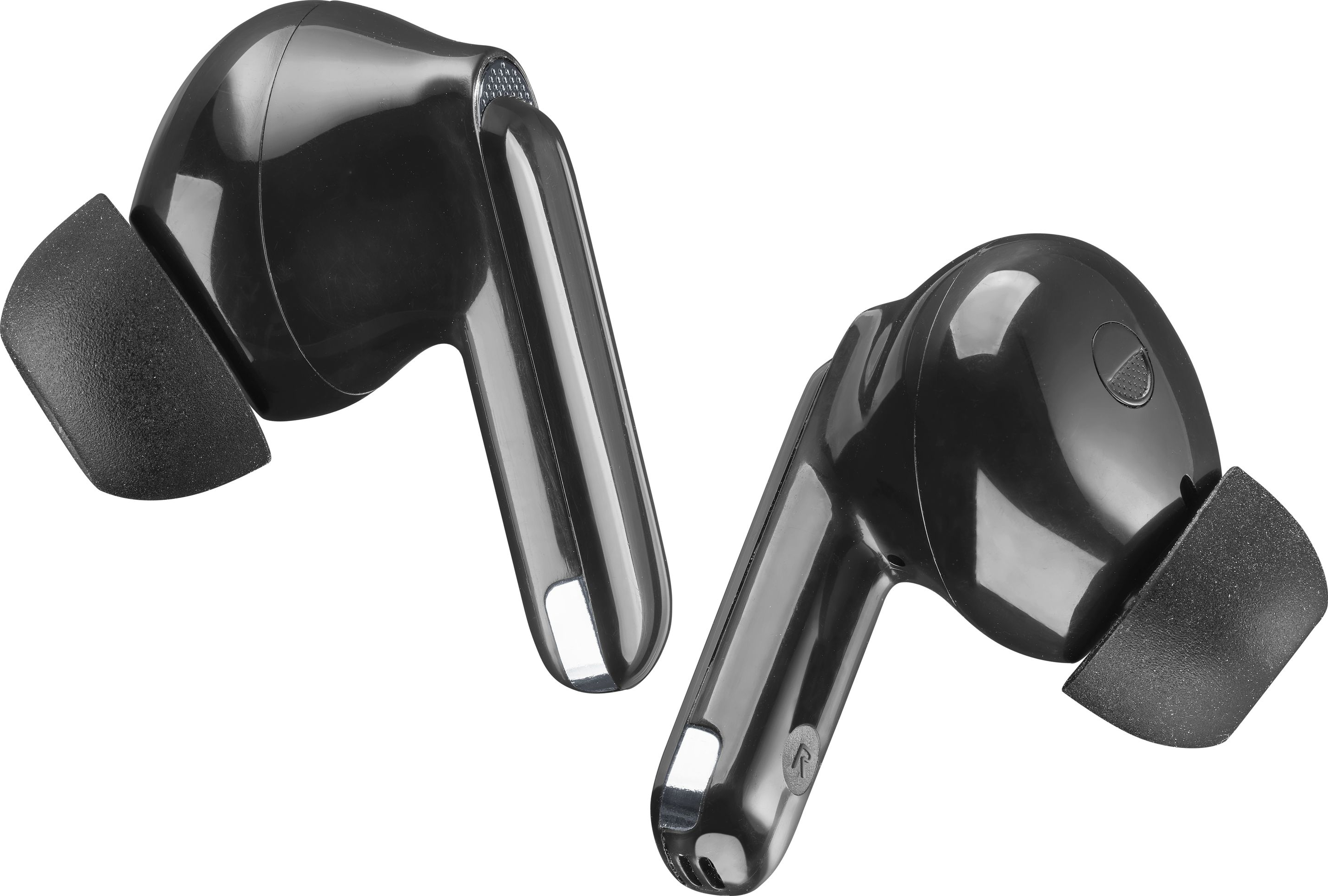 Due auricolari wireless neri su sfondo bianco. Gli auricolari hanno finitura lucida e punte in silicone.