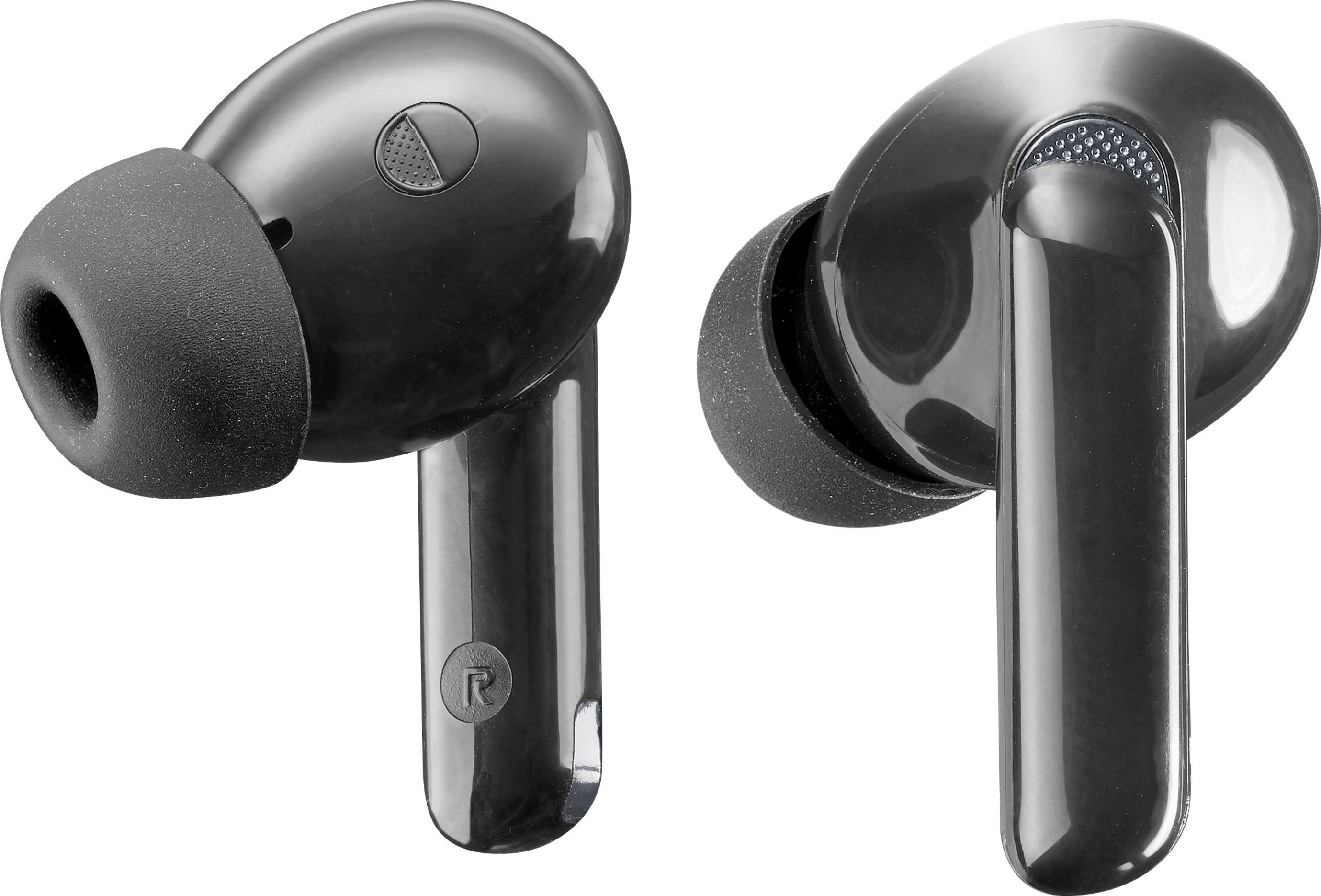 Due auricolari wireless neri su sfondo bianco. Ogni auricolare ha un puntale in gomma e un'asta con logo.