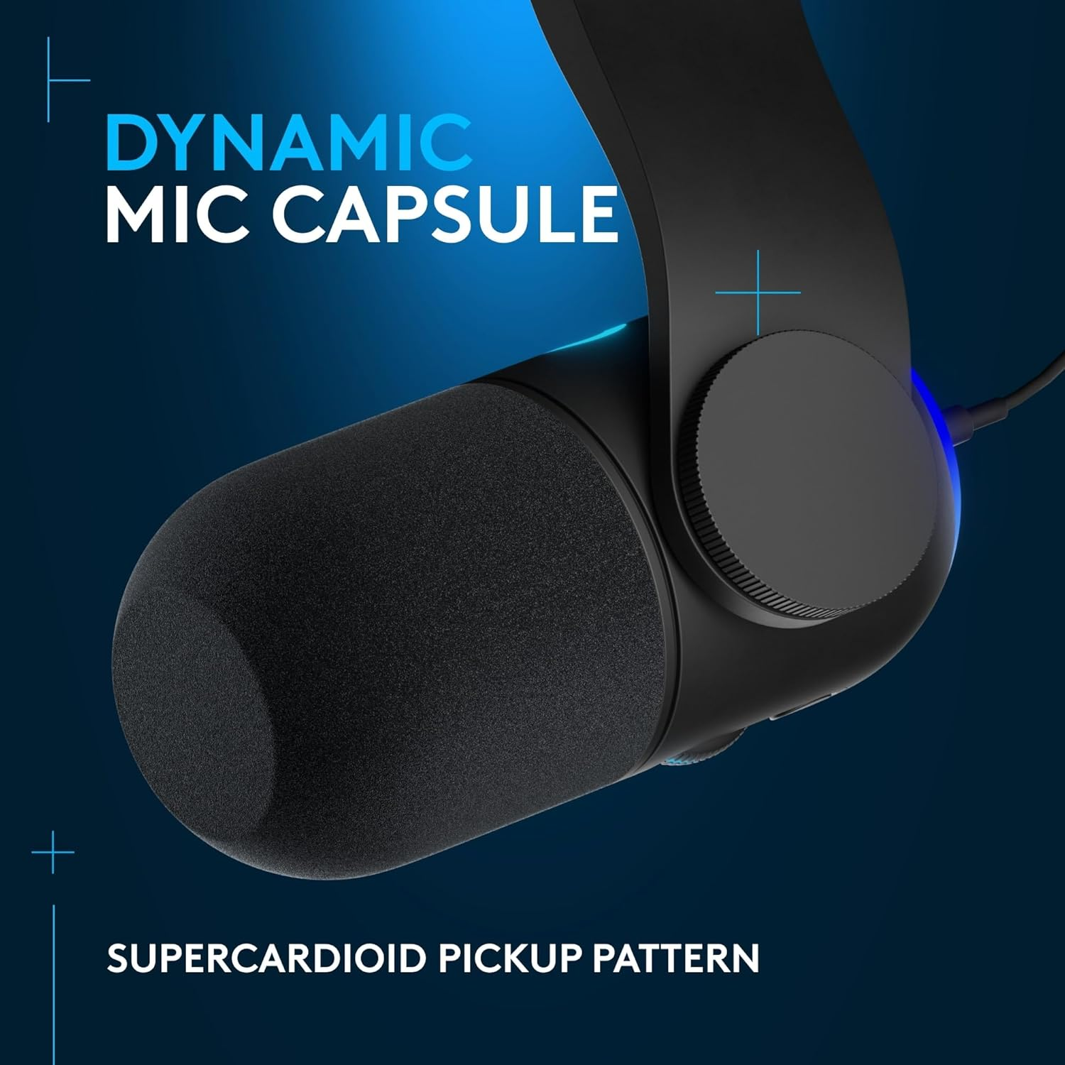 Un microfono nero con diagramma polare supercardioide. Il testo "DYNAMIC MIC CAPSULE" è in alto e lo sfondo è blu.