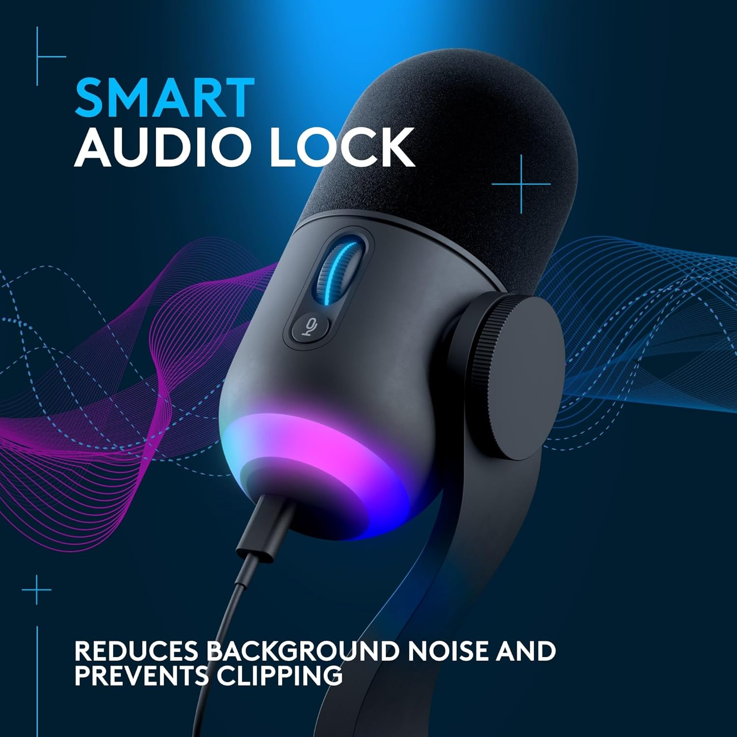 Un microfono nero con testa rotonda, base illuminata e filo. Testo: 'SMART AUDIO LOCK' e 'RIDUCE IL RUMORE DI FONDO'.