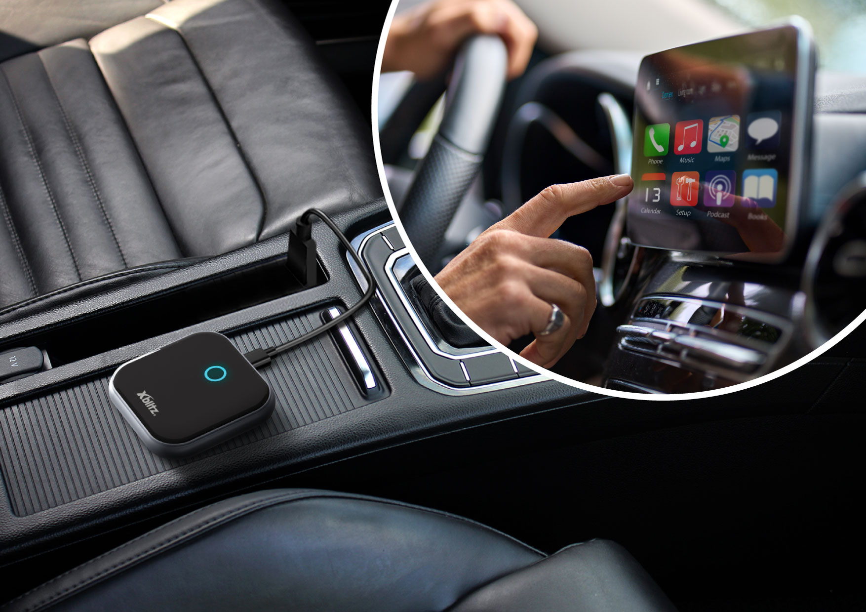 À l'intérieur d'une voiture, une main touche un écran affichant des applications. Un appareil noir avec un cercle bleu est dans la console.