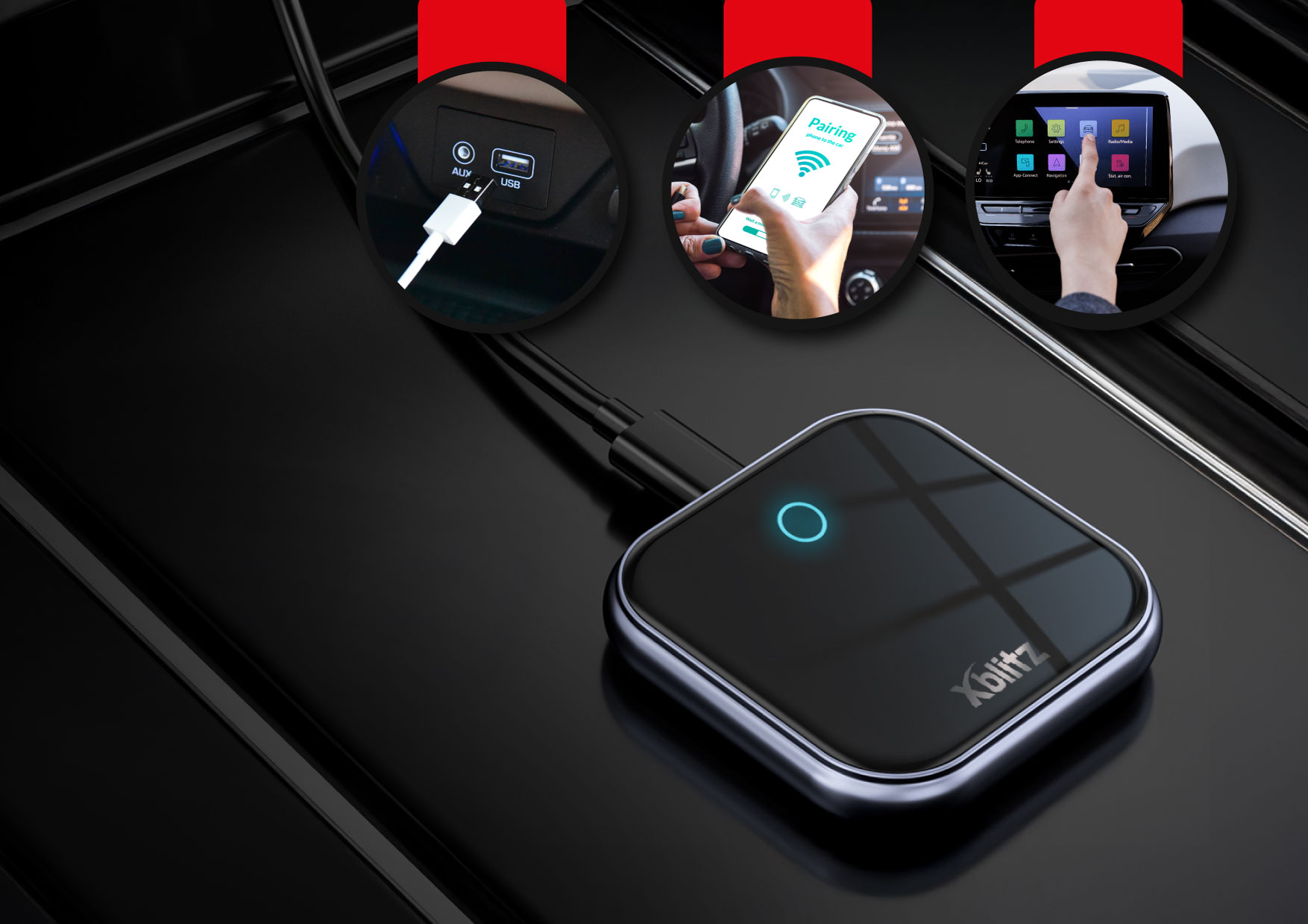 Appareil noir avec lumière bleue, câble USB, écran de voiture affichant les paramètres et téléphone avec appairage.