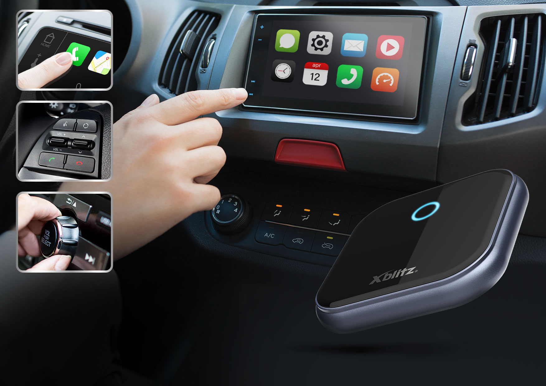 Une main touche l'écran du tableau de bord d'une voiture affichant des applications. Un appareil avec une lumière bleue est en dessous. Des encarts montrent les commandes de la voiture.