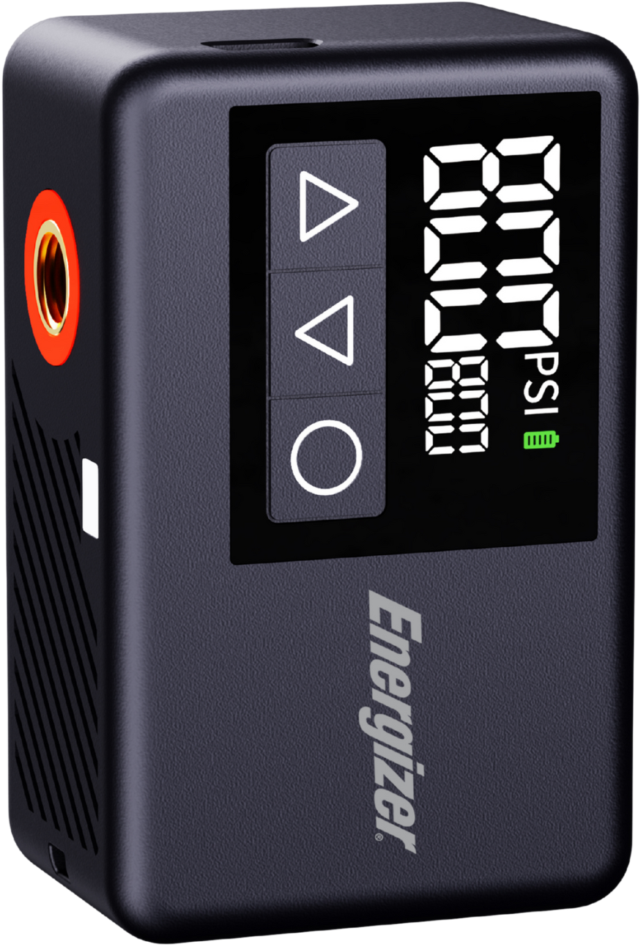 Pompa ad aria digitale nera Energizer. Ha un display digitale con letture PSI, pulsanti e un indicatore della batteria. È rettangolare.