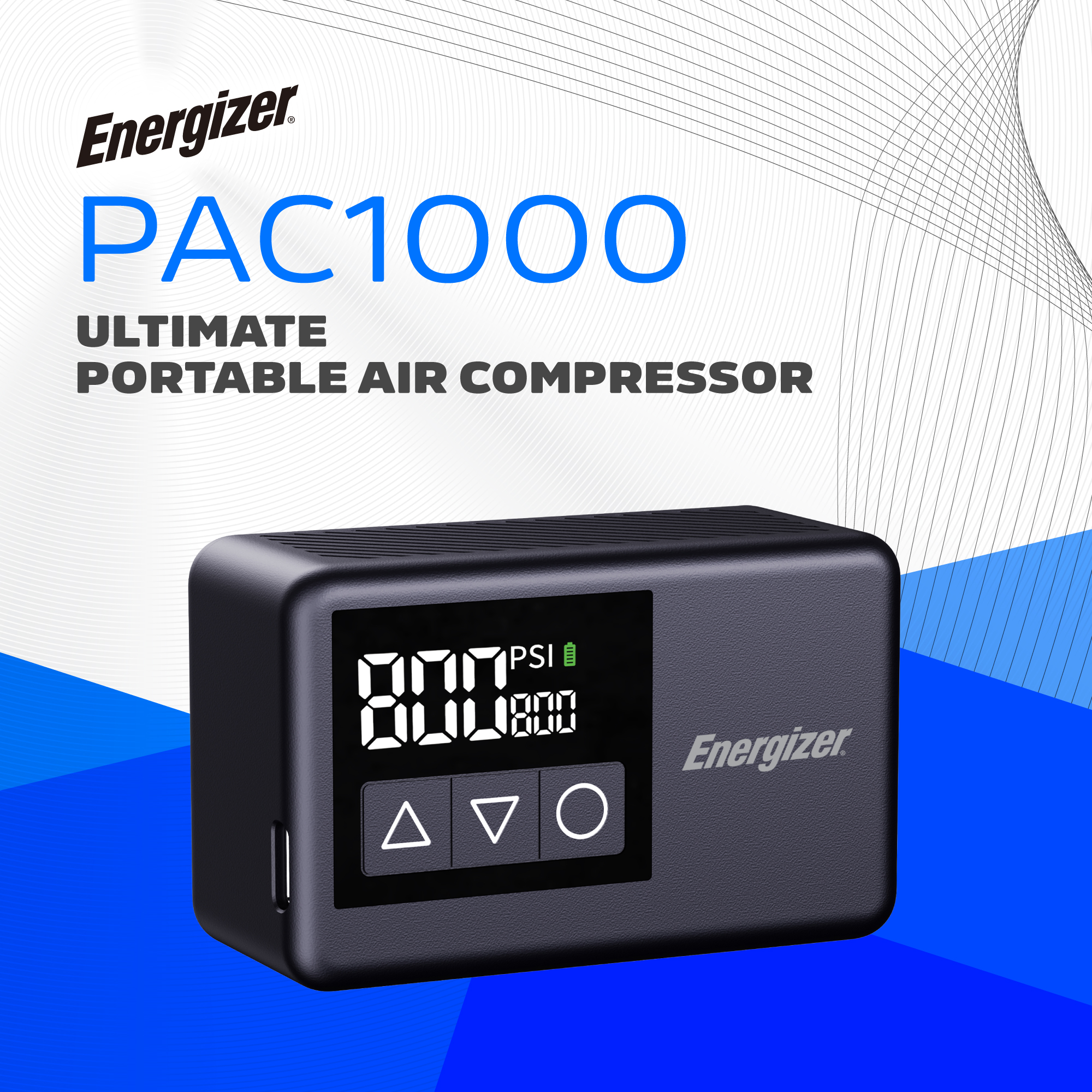 Compressore d'aria portatile Energizer PAC1000. Dispositivo nero con display digitale. Sfondo bianco e blu.