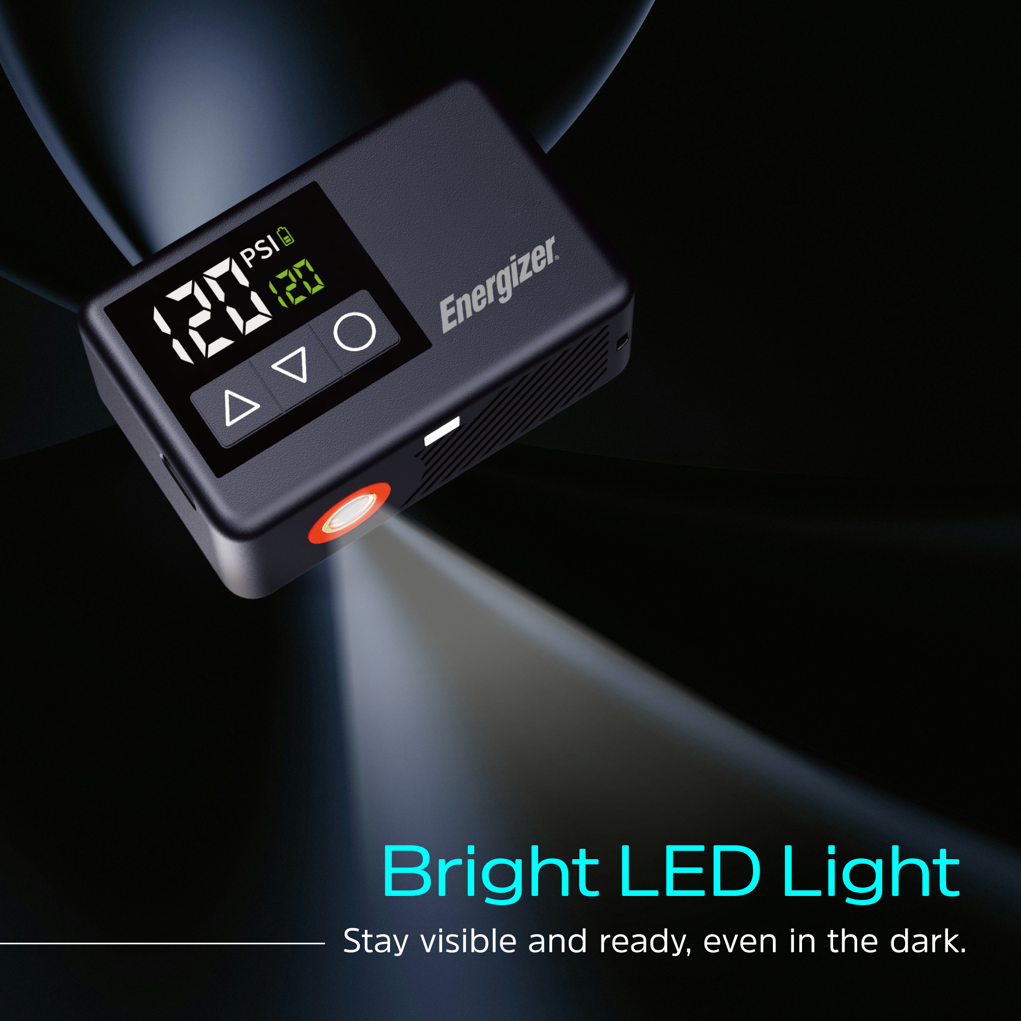 Dispositivo Energizer nero con luce LED, che mostra 120 PSI. Numeri verdi e icone bianche su sfondo scuro. Testo: Luce LED brillante.