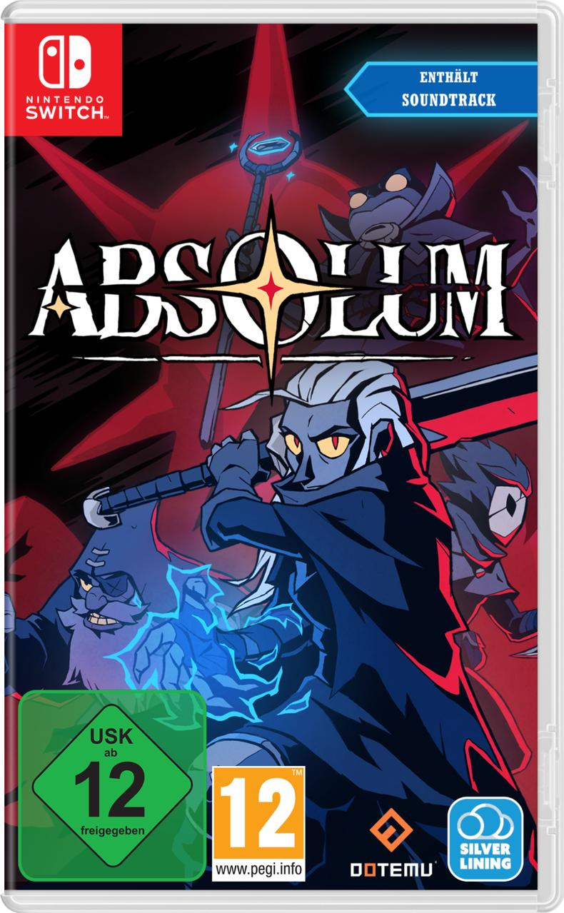Nintendo Switch-Spielbox. Das Cover zeigt einen Charakter mit Schwert, Titel 'Absolum' und Altersfreigaben.