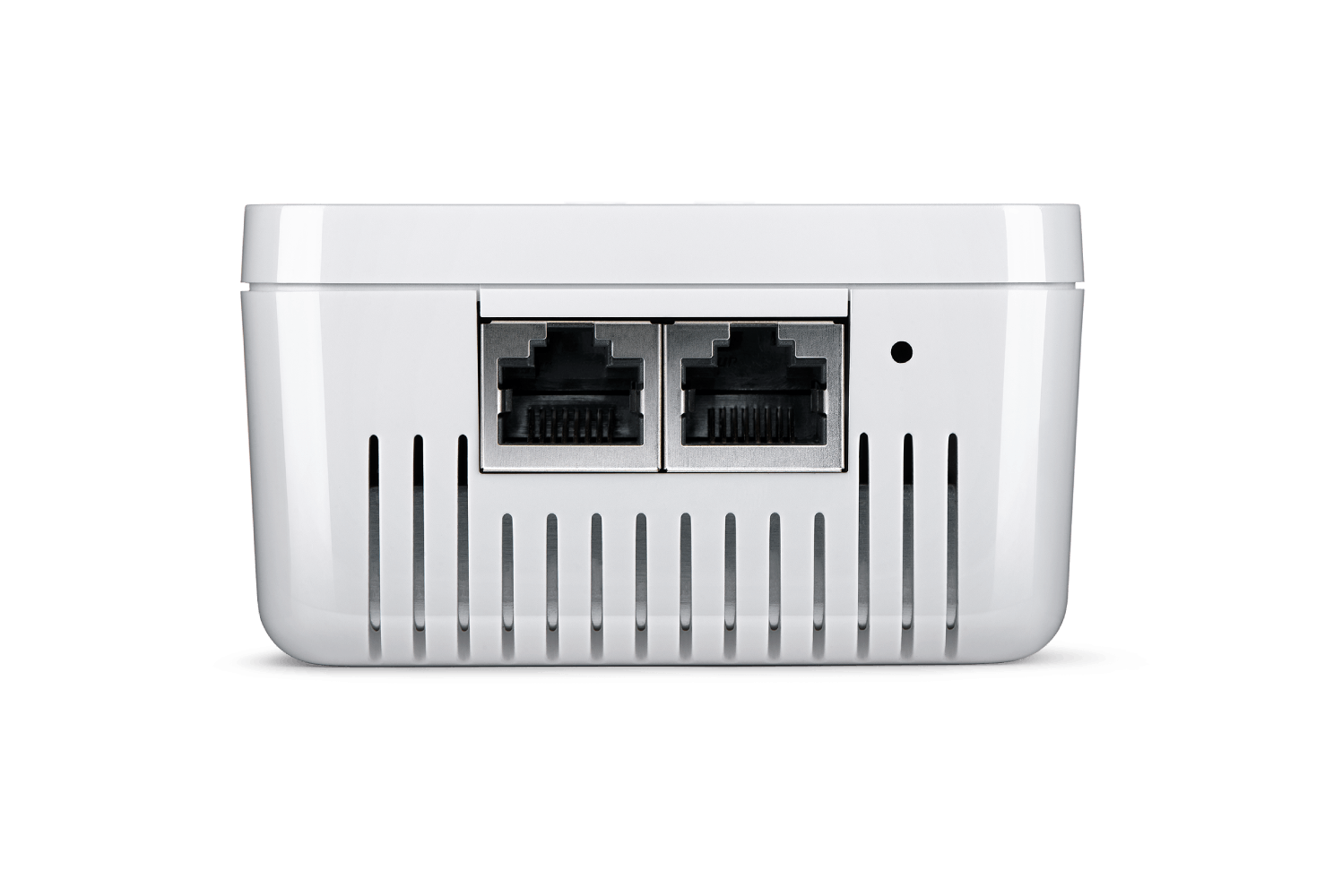 Ein weißer Router mit zwei Ethernet-Anschlüssen, einer Reset-Taste und Lüftungsschlitzen. Der Hintergrund ist schwarz.