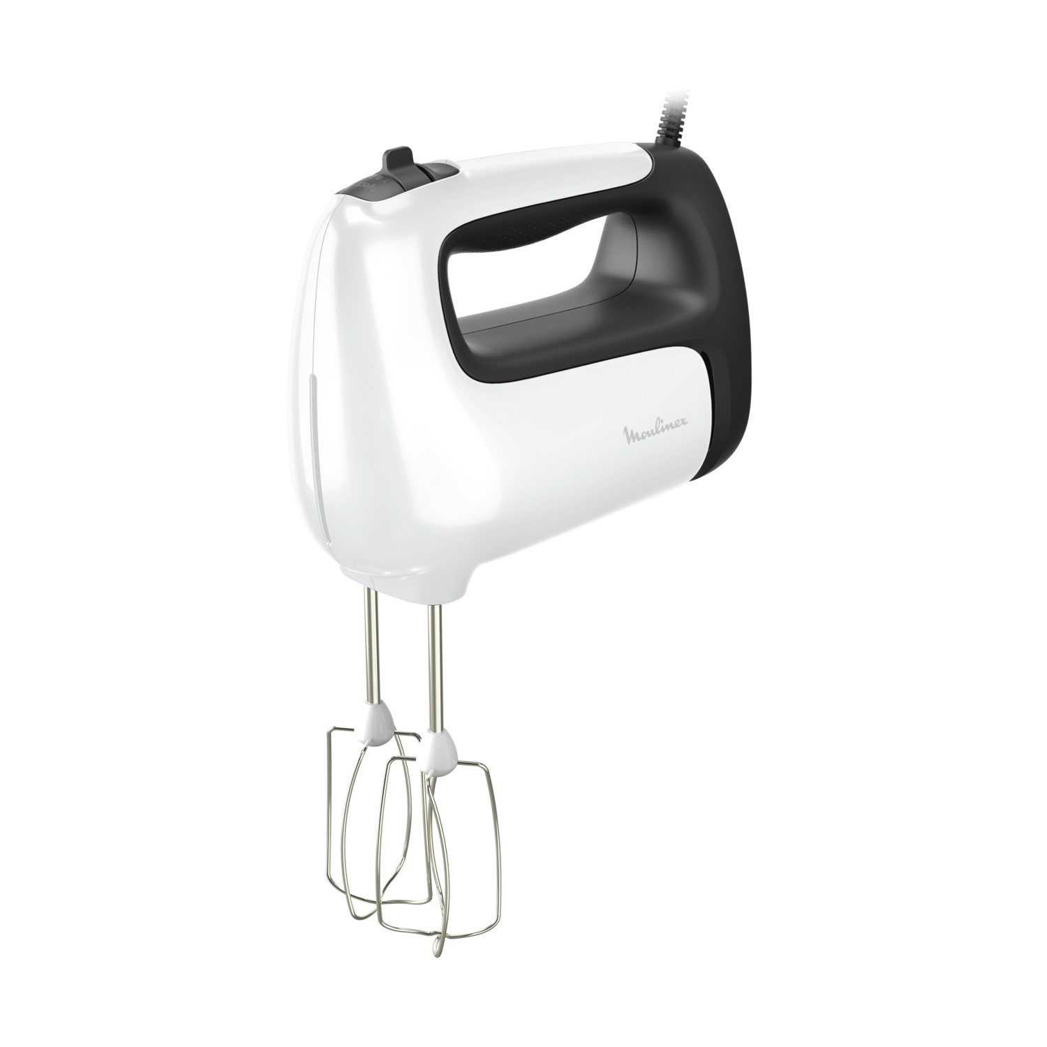 Un frullatore a mano bianco e nero con fruste. Il frullatore ha un'impugnatura nera e un controllo della velocità. Il marchio è Moulinex.