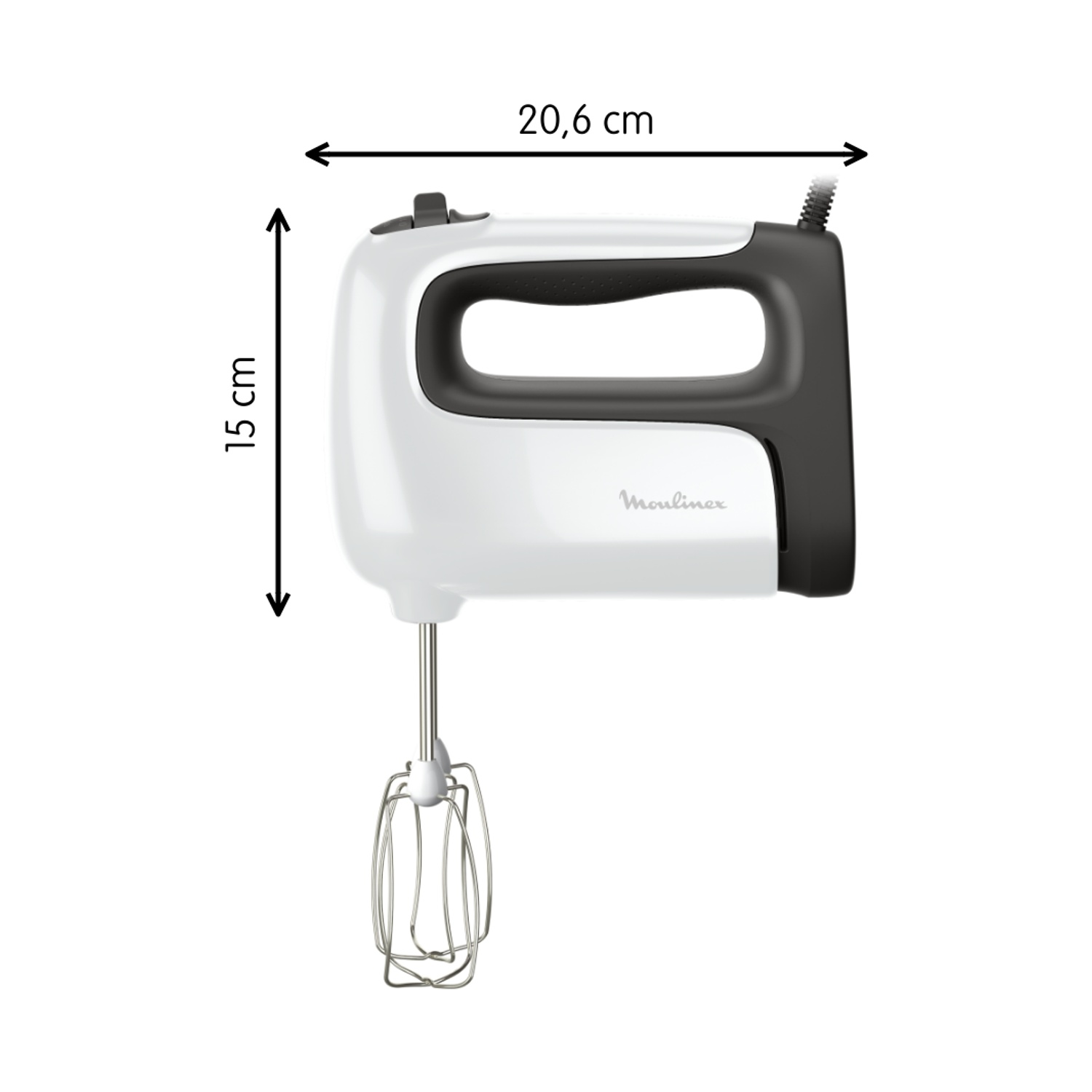 Un frullatore a mano Moulinex bianco e nero. Dimensioni: 20,6 cm x 15 cm. Il frullatore ha fruste e un cavo.