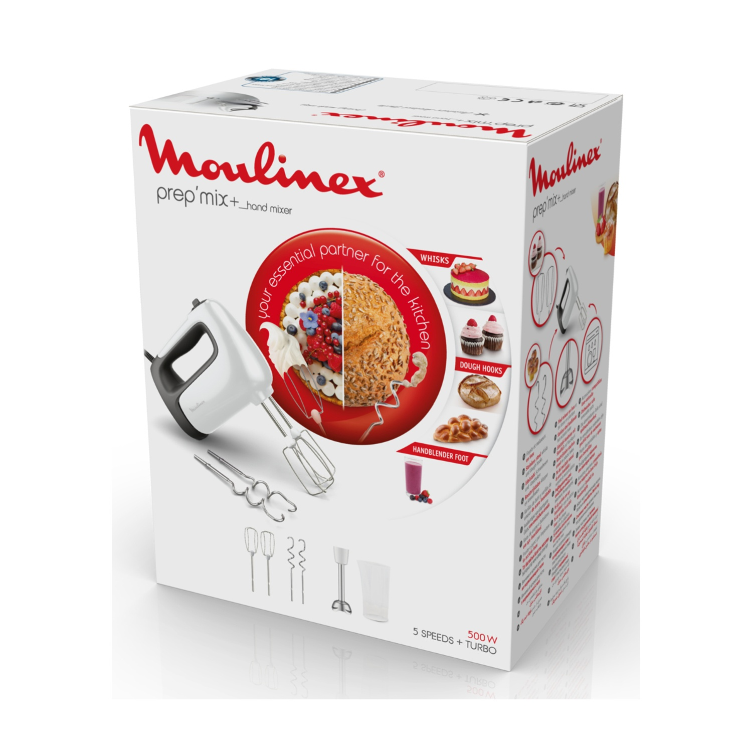 Scatola mixer a immersione Moulinex con mixer, fruste e ganci per impasto.