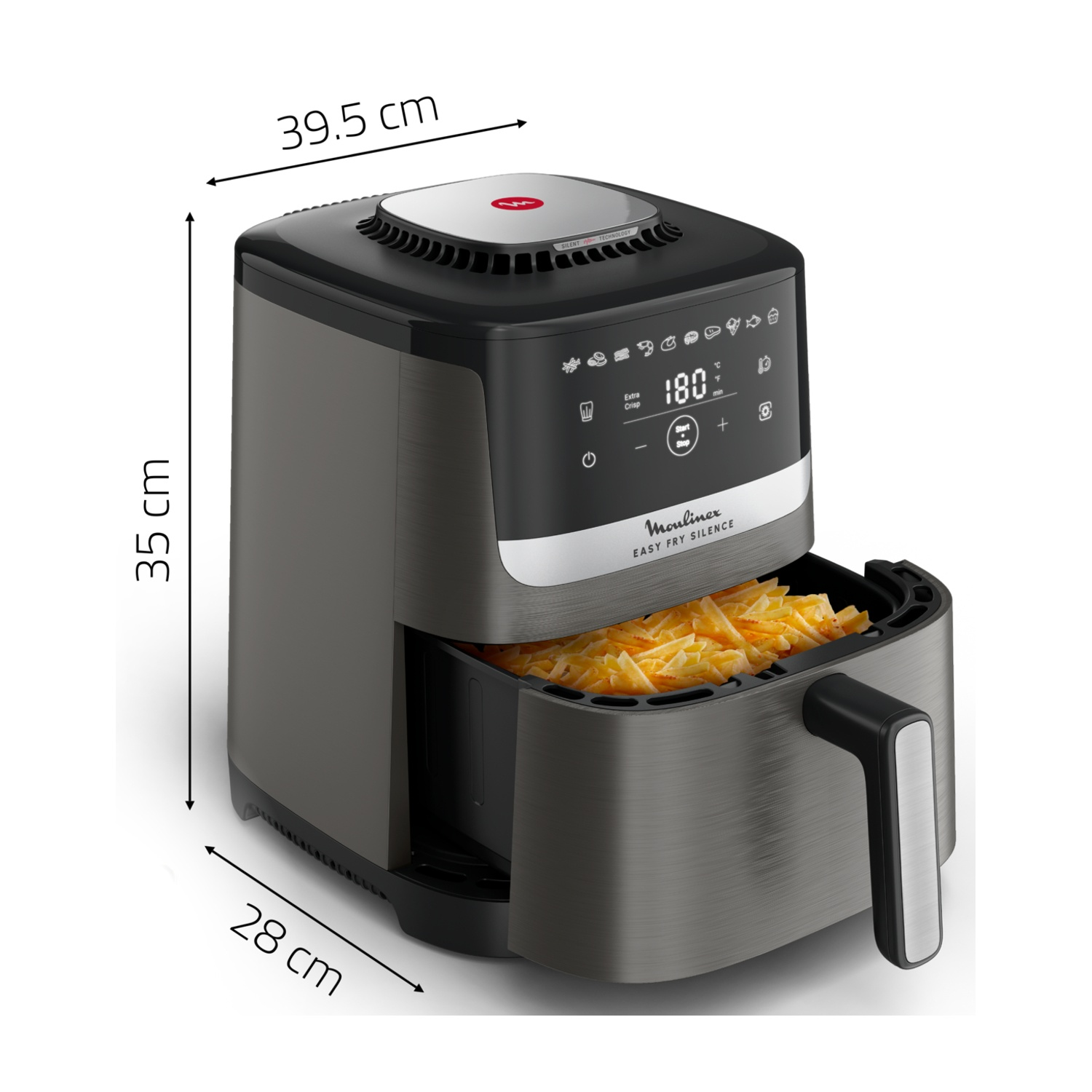 Una friggitrice ad aria grigia con un cassetto contenente patatine fritte. Ha un display digitale che mostra 180°C. Le dimensioni sono indicate.