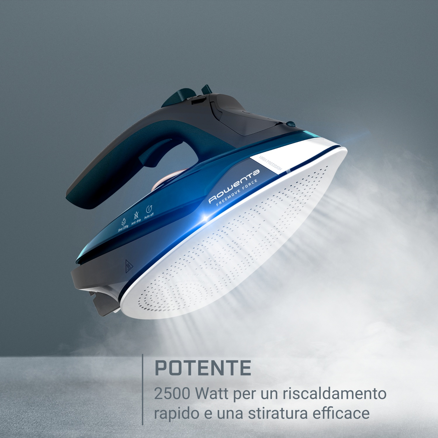 Un ferro da stiro blu e bianco con vapore. Il marchio è Rowenta Freemoove Force. Il testo dice: 2500 Watt per un riscaldamento rapido e una stiratura efficace.