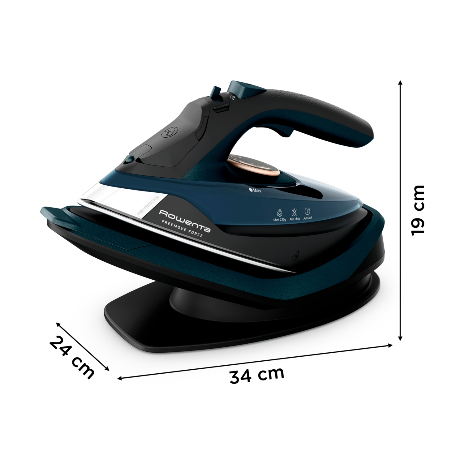 Un ferro da stiro Rowenta blu e nero su base nera. Le dimensioni sono 34x24x19 cm. Include funzioni colpo vapore, antigoccia e spegnimento automatico.
