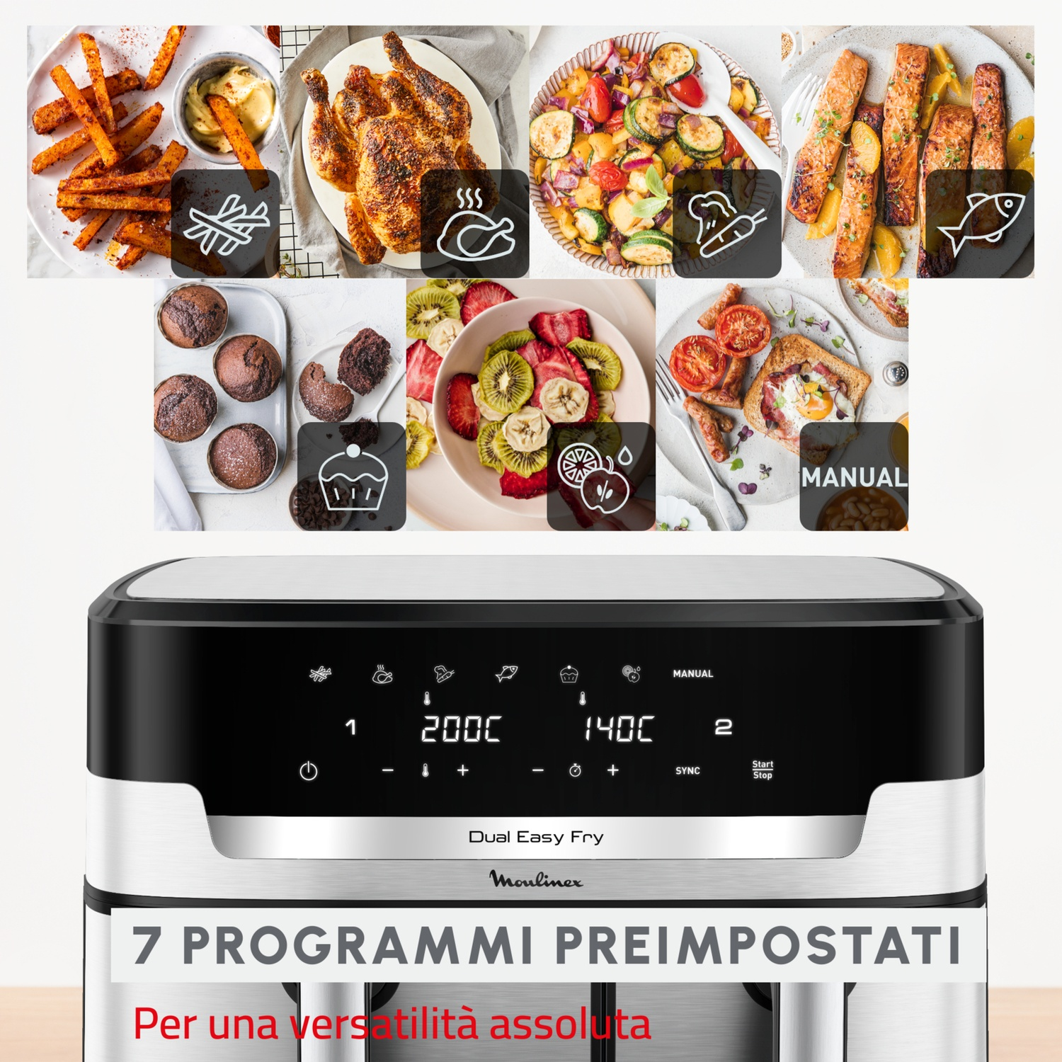 Friggitrice ad aria con immagini di patatine fritte, pollo, verdure e salmone. Ha un display digitale che mostra temperatura e impostazioni.