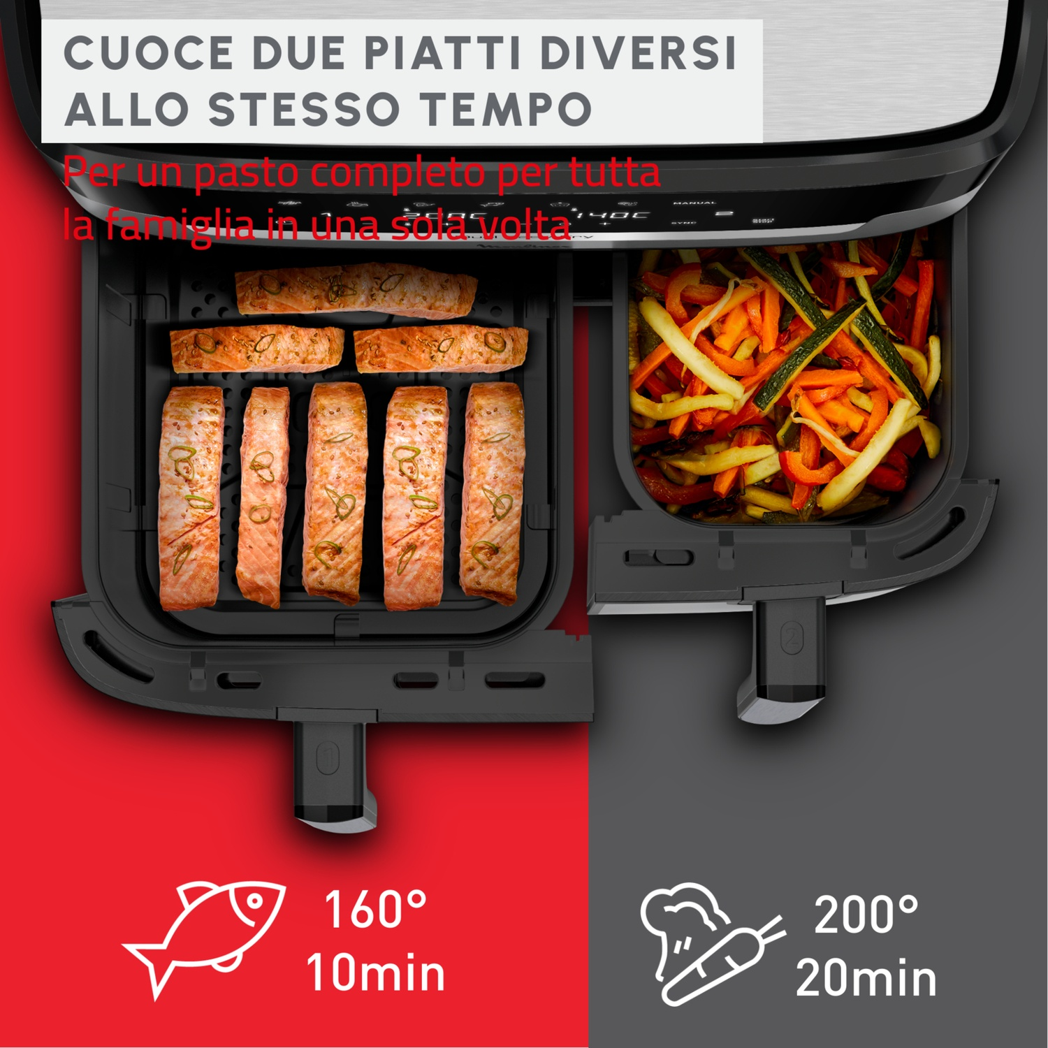Friggitrice ad aria con salmone e verdure. Testo: Cuoce due piatti diversi contemporaneamente. Per un pasto completo per la famiglia.