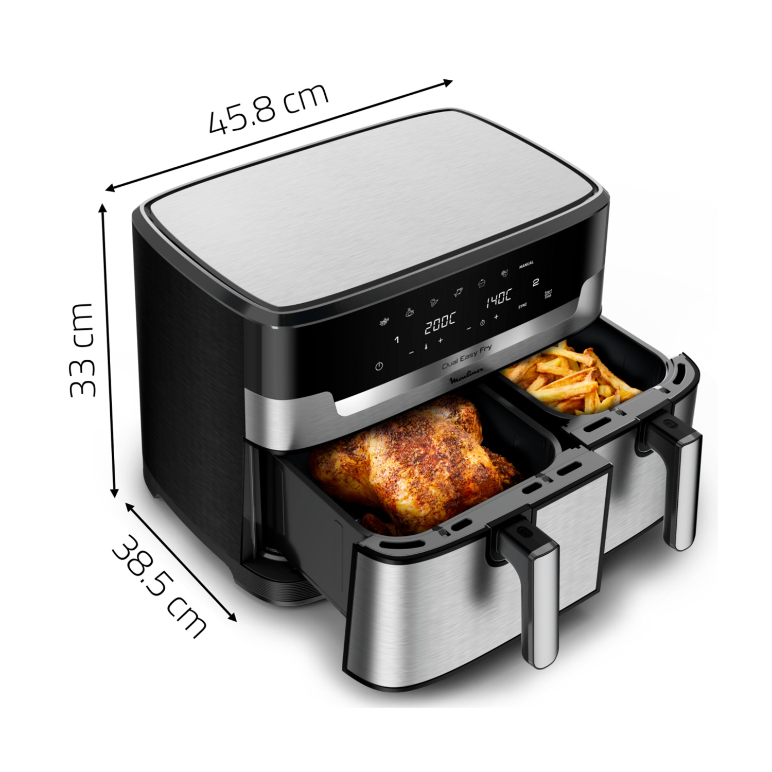 Una friggitrice ad aria con dimensioni. Un vano ha un pollo arrosto, l'altro patatine fritte. Il pannello mostra le impostazioni di temperatura e tempo.