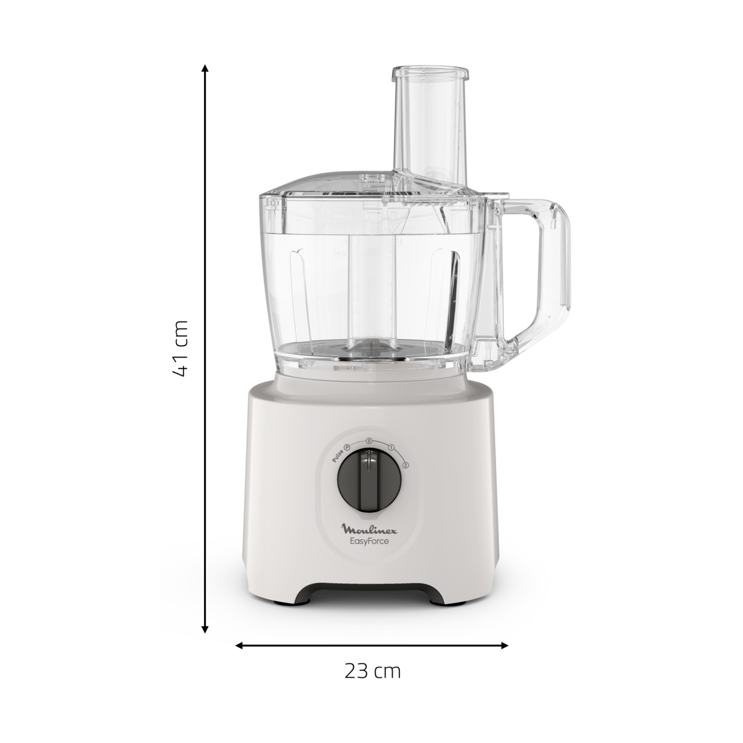Un robot da cucina Moulinex EasyForce bianco. Ha una ciotola in plastica trasparente, un manico e un coperchio con un tubo di alimentazione. Le dimensioni sono indicate.