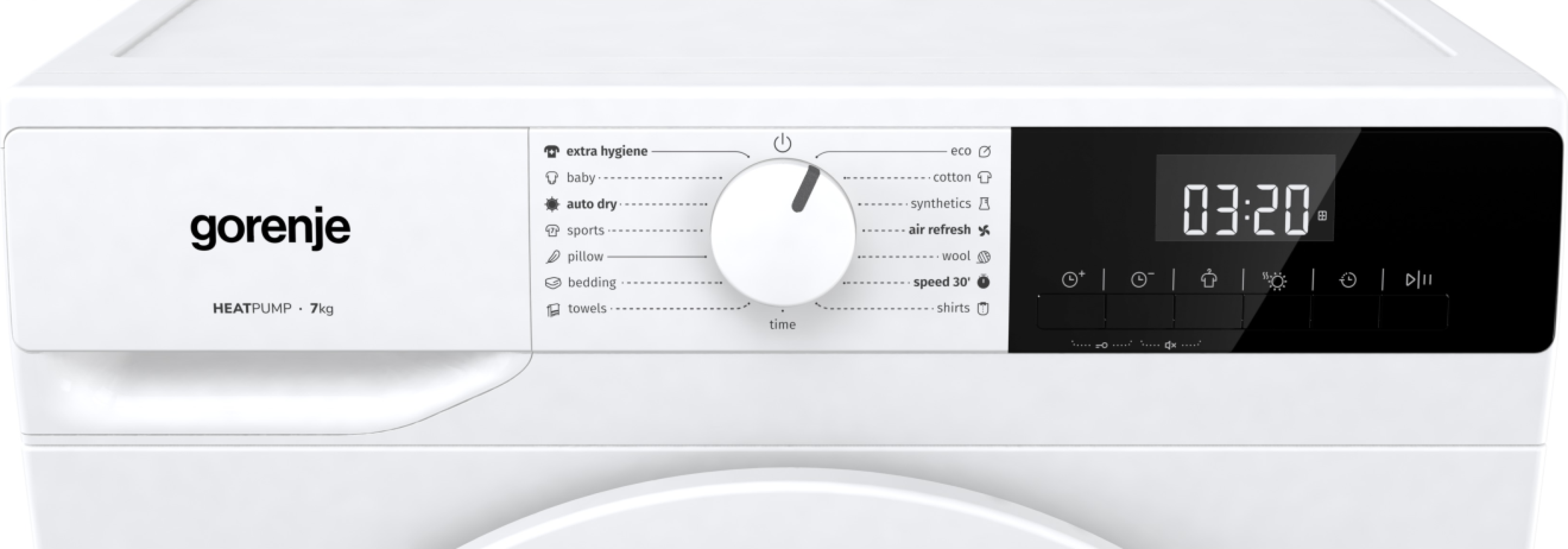 Fehér Gorenje szárítógép előlapja tárcsával, 03:20-as digitális kijelzővel és különféle programokkal.
