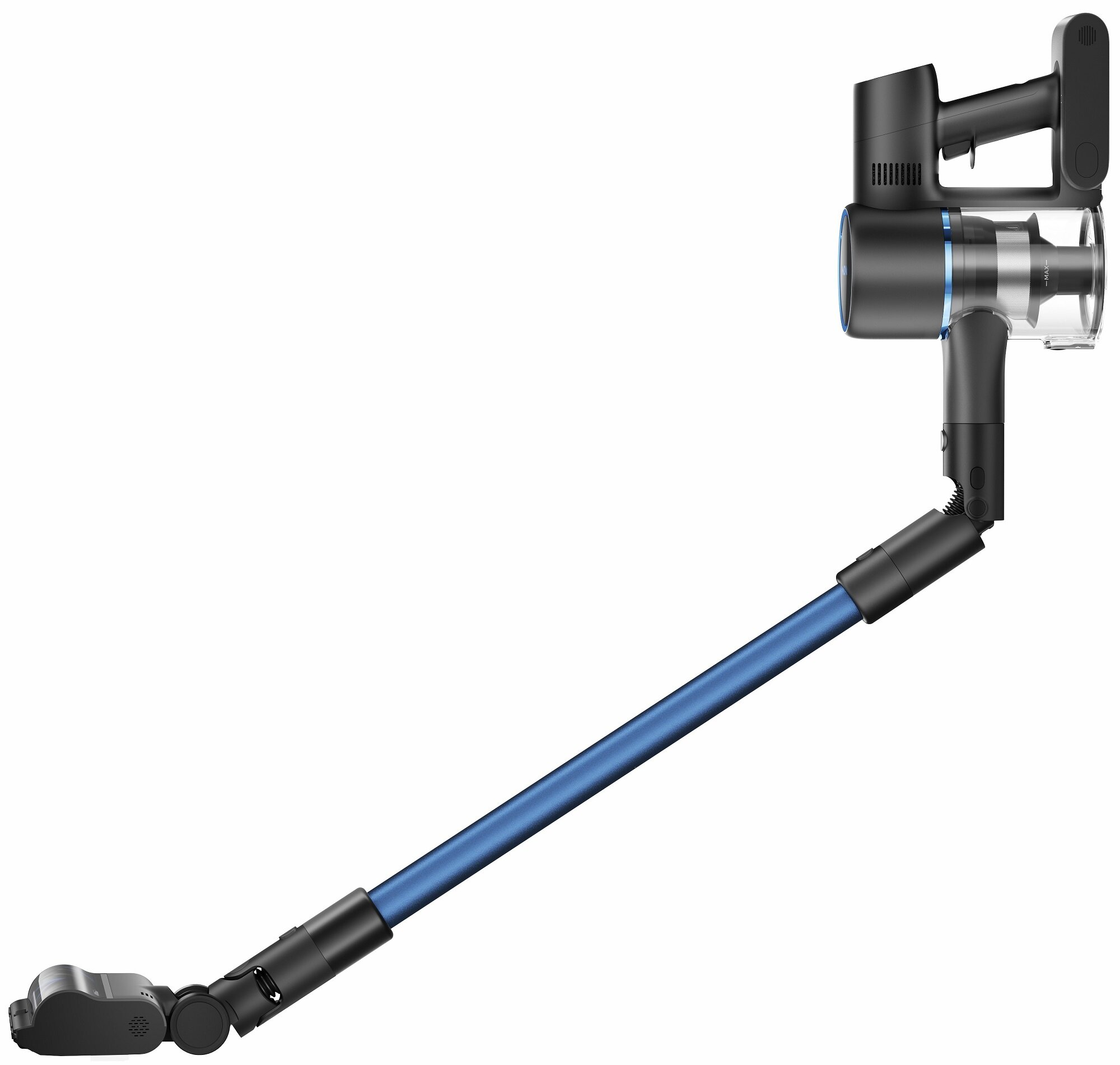 Odkurzacz bezprzewodowy z czarno-niebieskim korpusem. Posiada uchwyt, pojemnik na kurz i długą, kątową niebieską rurę.