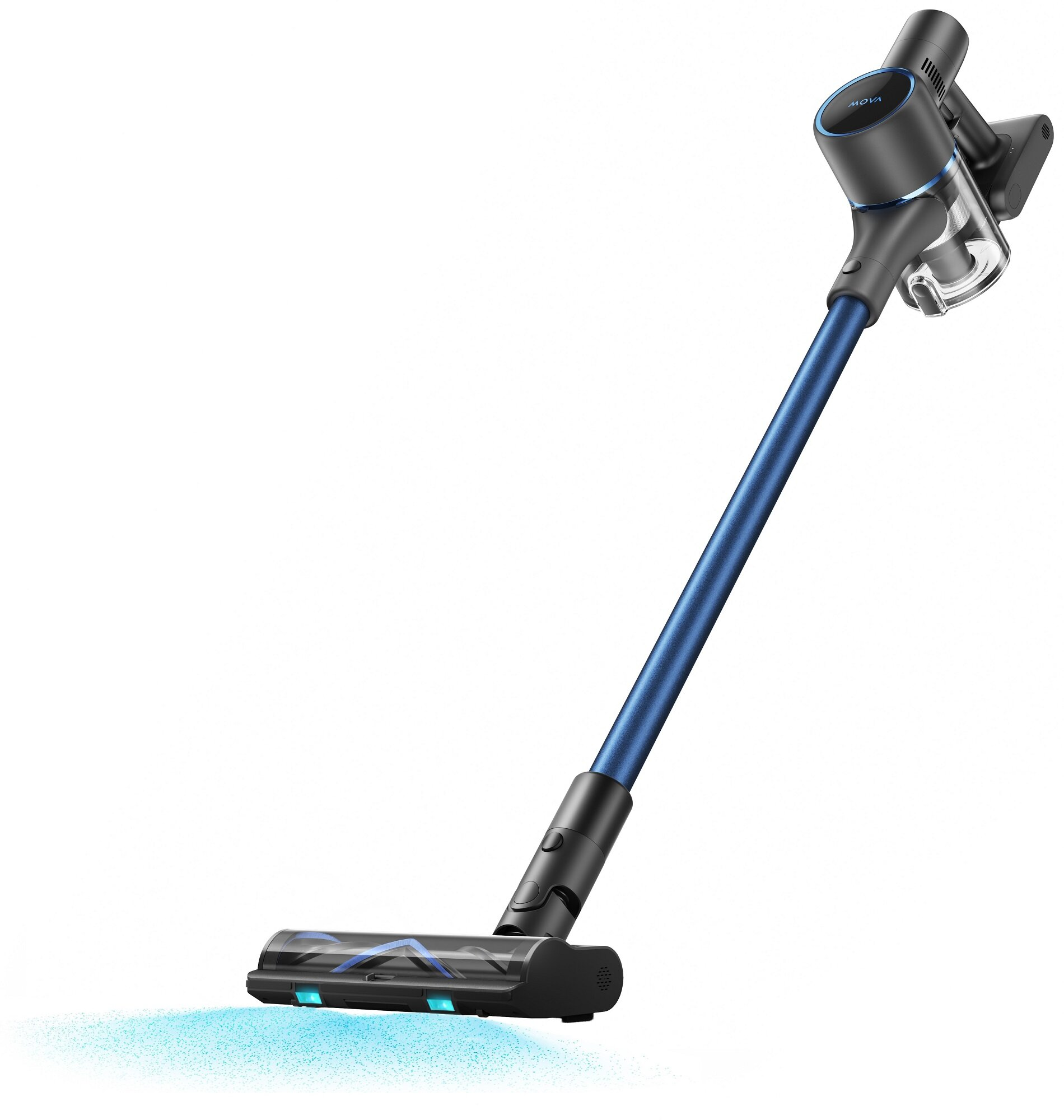 Bezprzewodowy odkurzacz na białym tle. Ma niebieski uchwyt i czarną głowicę. Odkurzacz jest ustawiony pod kątem.
