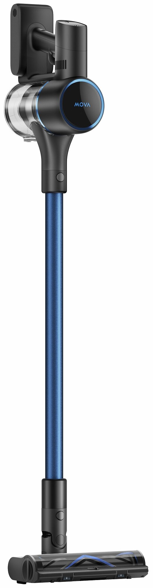 Pionowe ujęcie odkurzacza bezprzewodowego. Jest głównie niebieski i czarny. Widoczna jest marka MOVA.