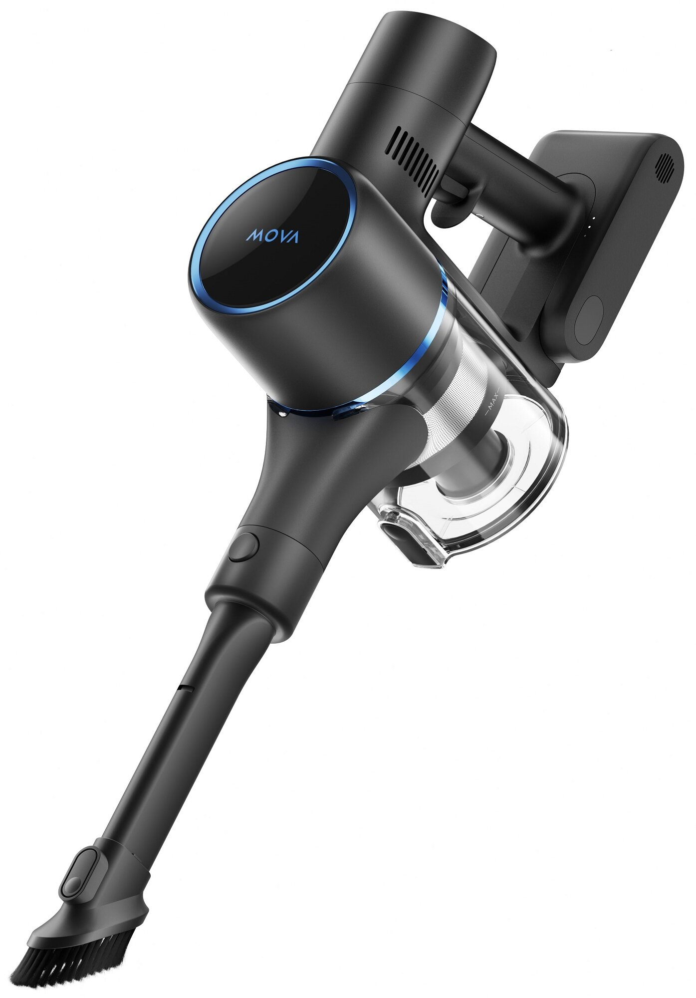 Czarny i niebieski odkurzacz MOVA. Korpus jest czarny, z niebieskim pierścieniem. Szczotka jest na dole. Jest na białym tle.