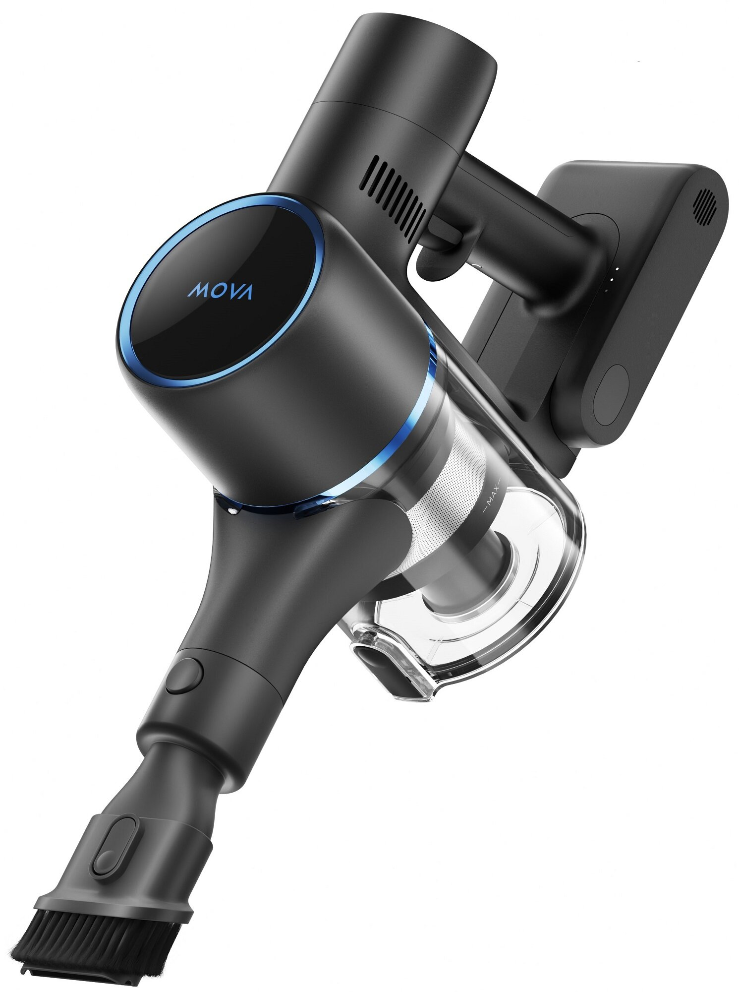 Czarny i srebrny odkurzacz bezprzewodowy. Ma nasadkę szczotkową i przezroczysty pojemnik na kurz. Widoczna jest nazwa marki MOVA.